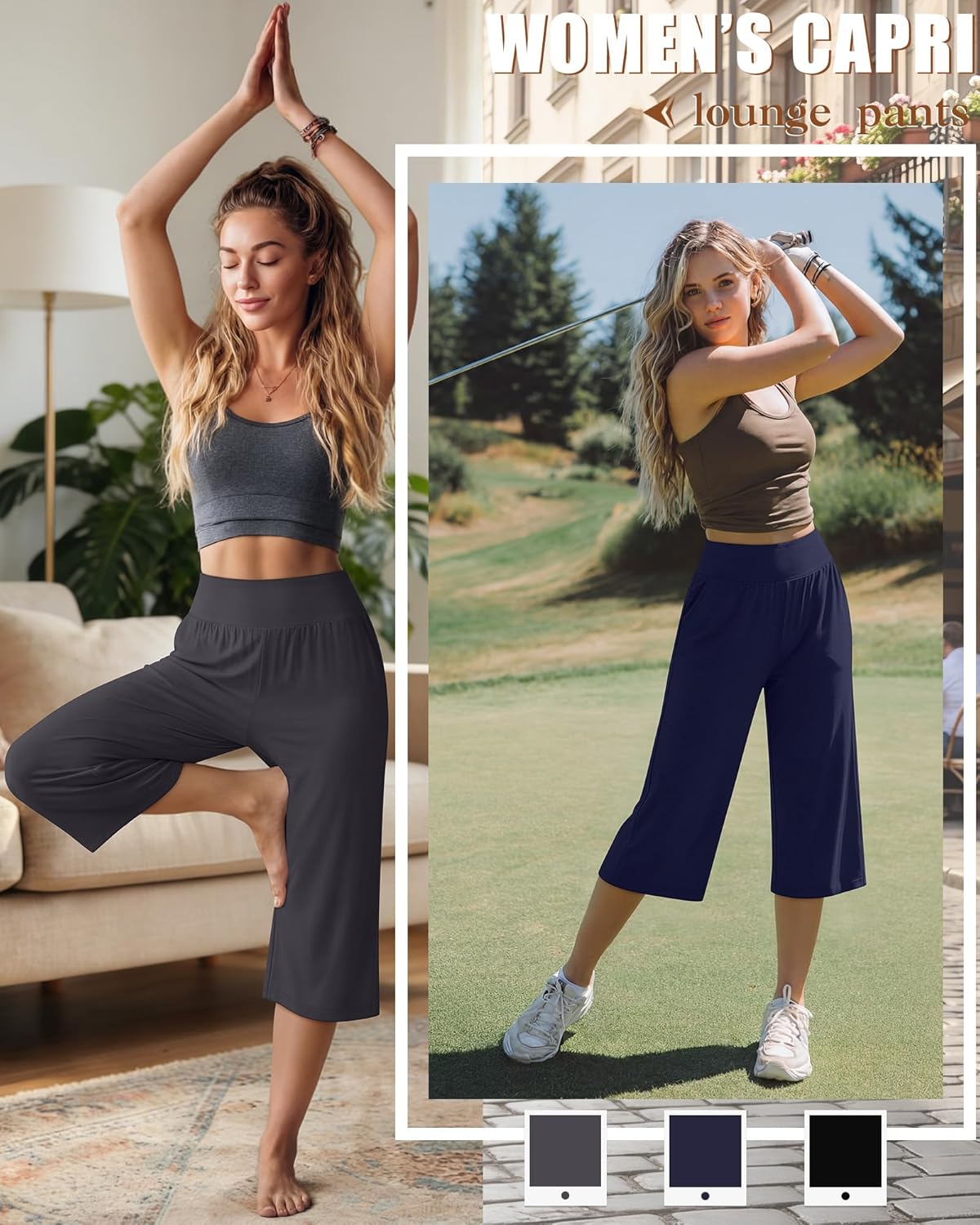 Neer 3 Pack Women Capri Pants Wide Leg High Waist Crop Lounge Sweatpants Loose Summer Casual Workout Pants with Pocket
