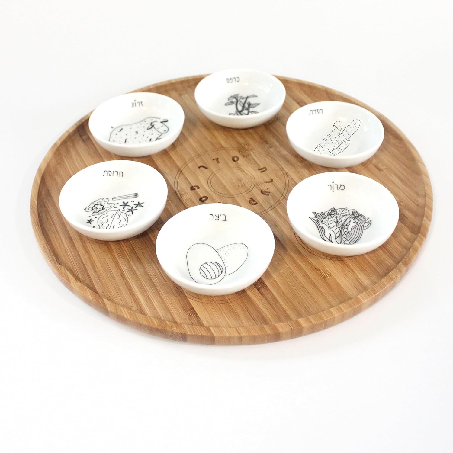 13” Large Size Handmade Passover Seder Plate with Six Black and White Ceramic Bowls, Passover Seder Plate Set, Hand Painted Illustrations, Decor Jewish Gift, Made in Israel by Mickala Design