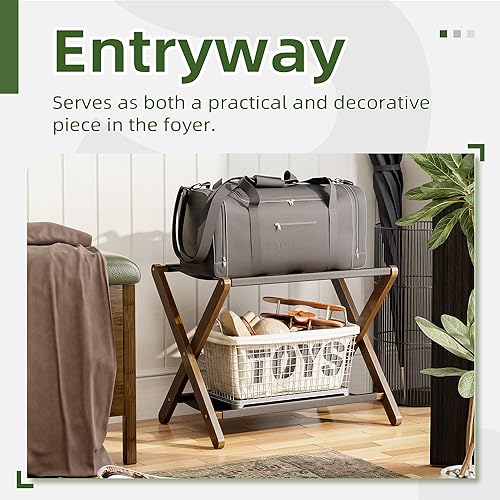 Miniatura 4 de Portaequipajes, juego de 2, soporte plegable para maleta con estante de almacenamiento, soporte de equipaje de bambú premium para habitación de