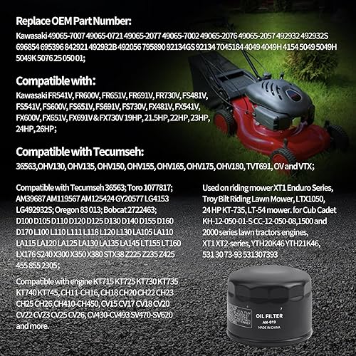 Miniatura 7 de 4 filtros de aceite 49065-7007 49065-0721 492932 492932S compatibles con Kawasaki FR541V FR600V FR651V FR691V FR730V FS730V FX481V FX600V FX651V