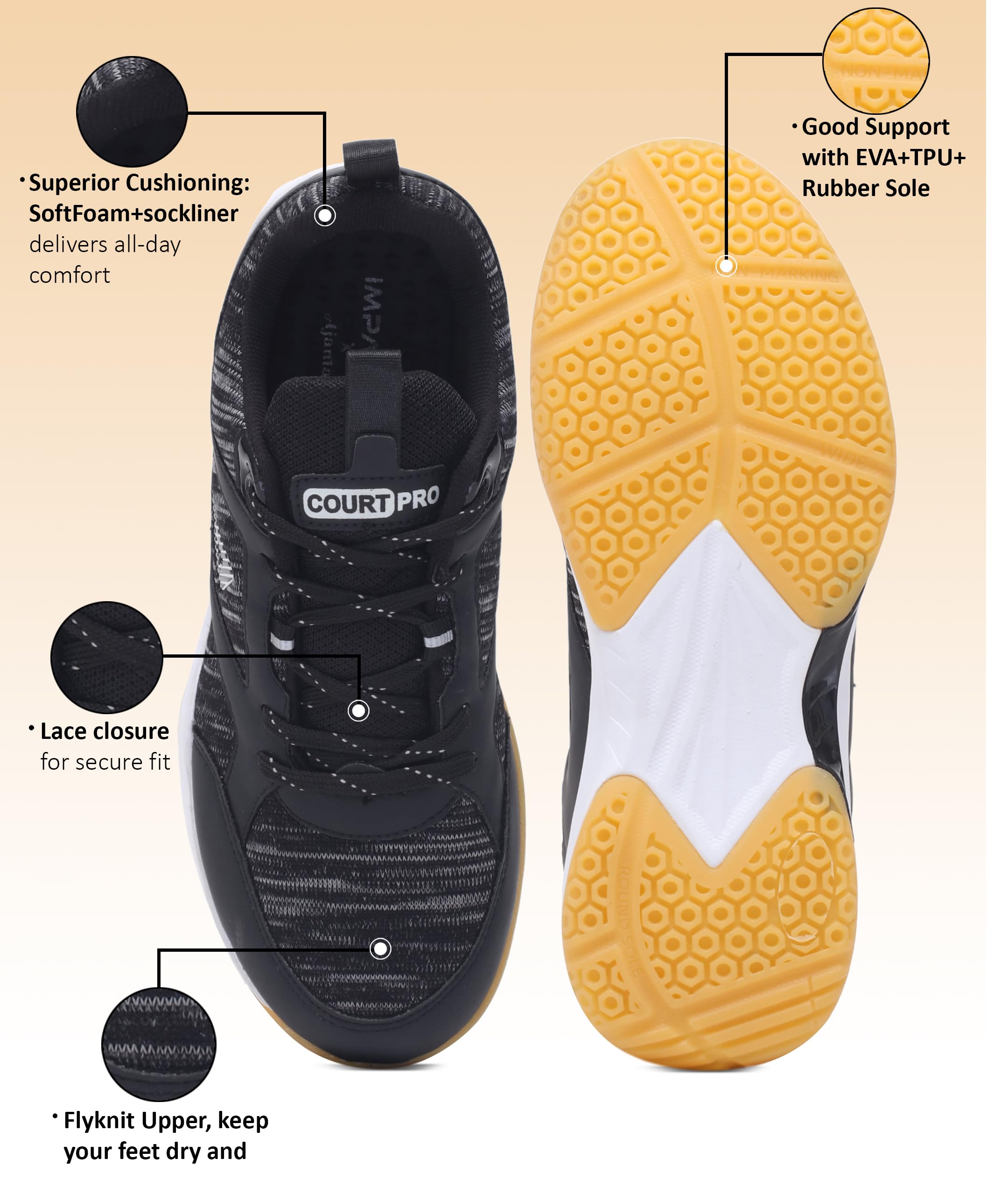Impakto Echo Flash Men’s Badmintion Shoes | Lightweight & Non-Marking High-Performance Court Shoe for Squash & Tennis | Padded Insole & Rubeer Outsole 1