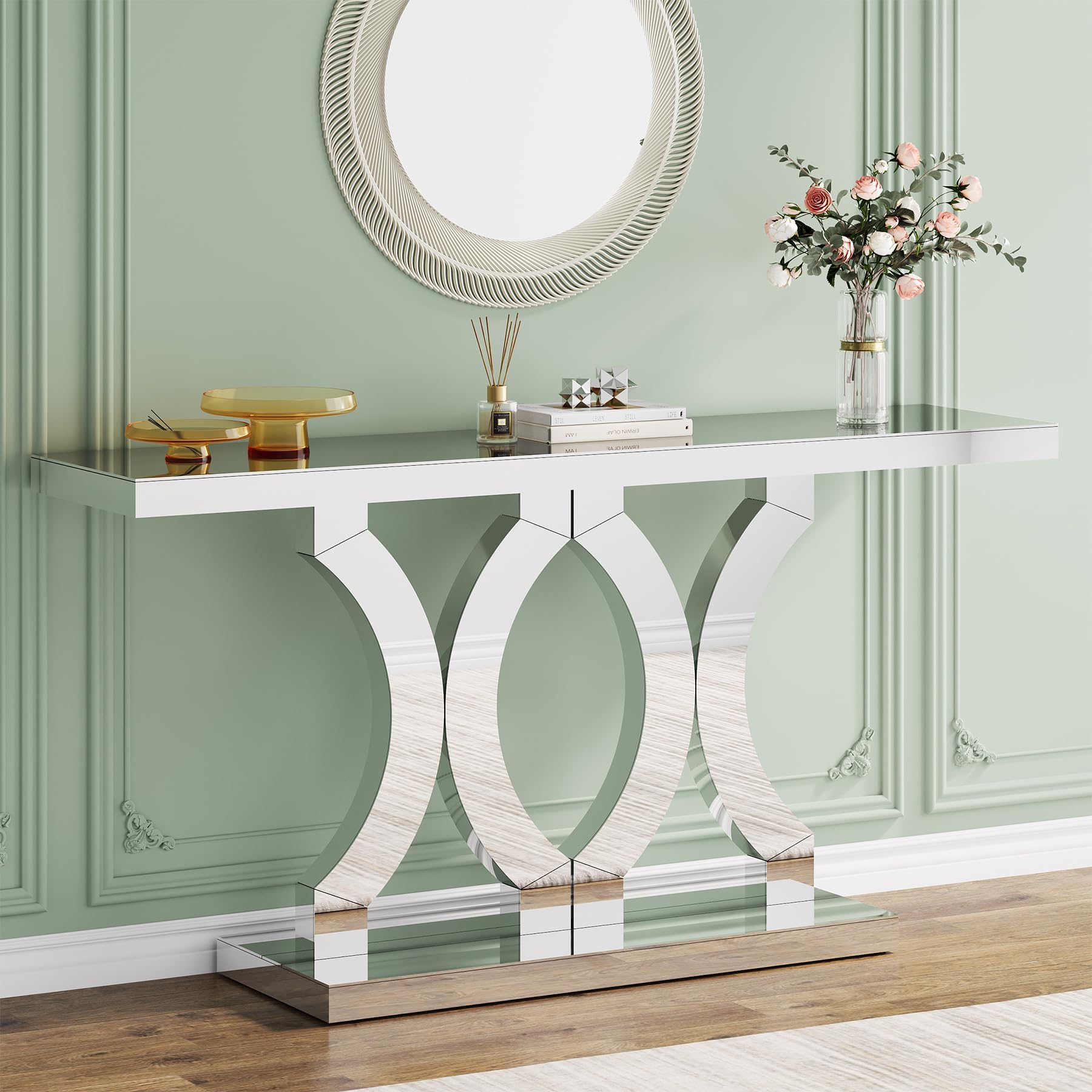 55 Inches Mirrored Console Table, Entryway Table with Geometric Base, Modern Sofa Table Behind Couch for Living Room, Accent Table for Hallway, Foyer, Entrance (Silver Mirror)