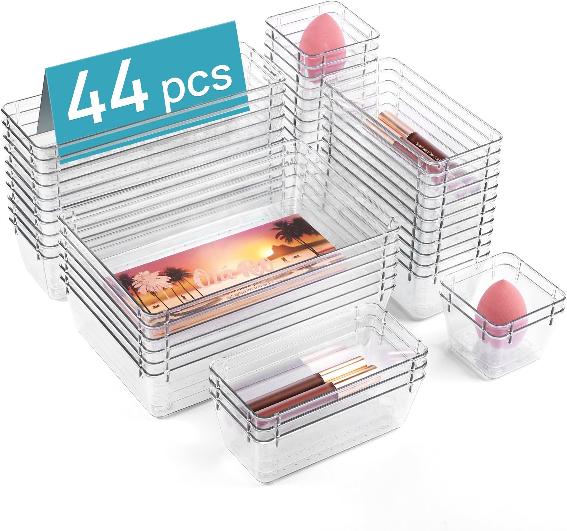Vtopmart 44 PCS Clear Plastic Drawer Organizers Set, 4-Size Versatile Bathroom and Vanity Organizer Trays, Non-Slip Storage Boxes for Makeup, Jewelries, Kitchen Utensils and Office