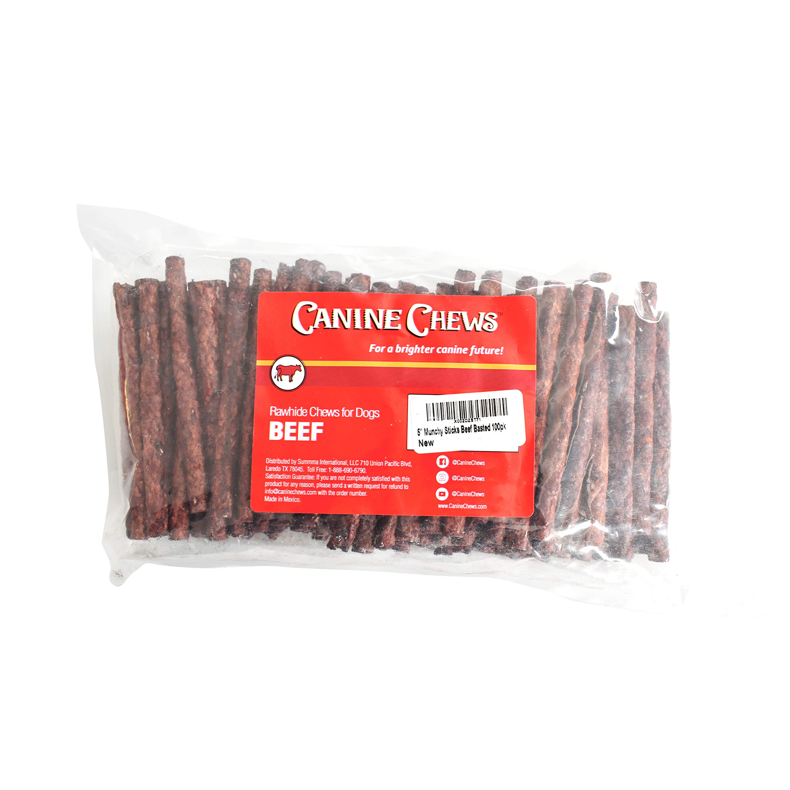 Canine Chews 5" Munchy Rawhide Sticks for Small Dogs Munchy Dog Treat Sticks 100 Pack (Beef)