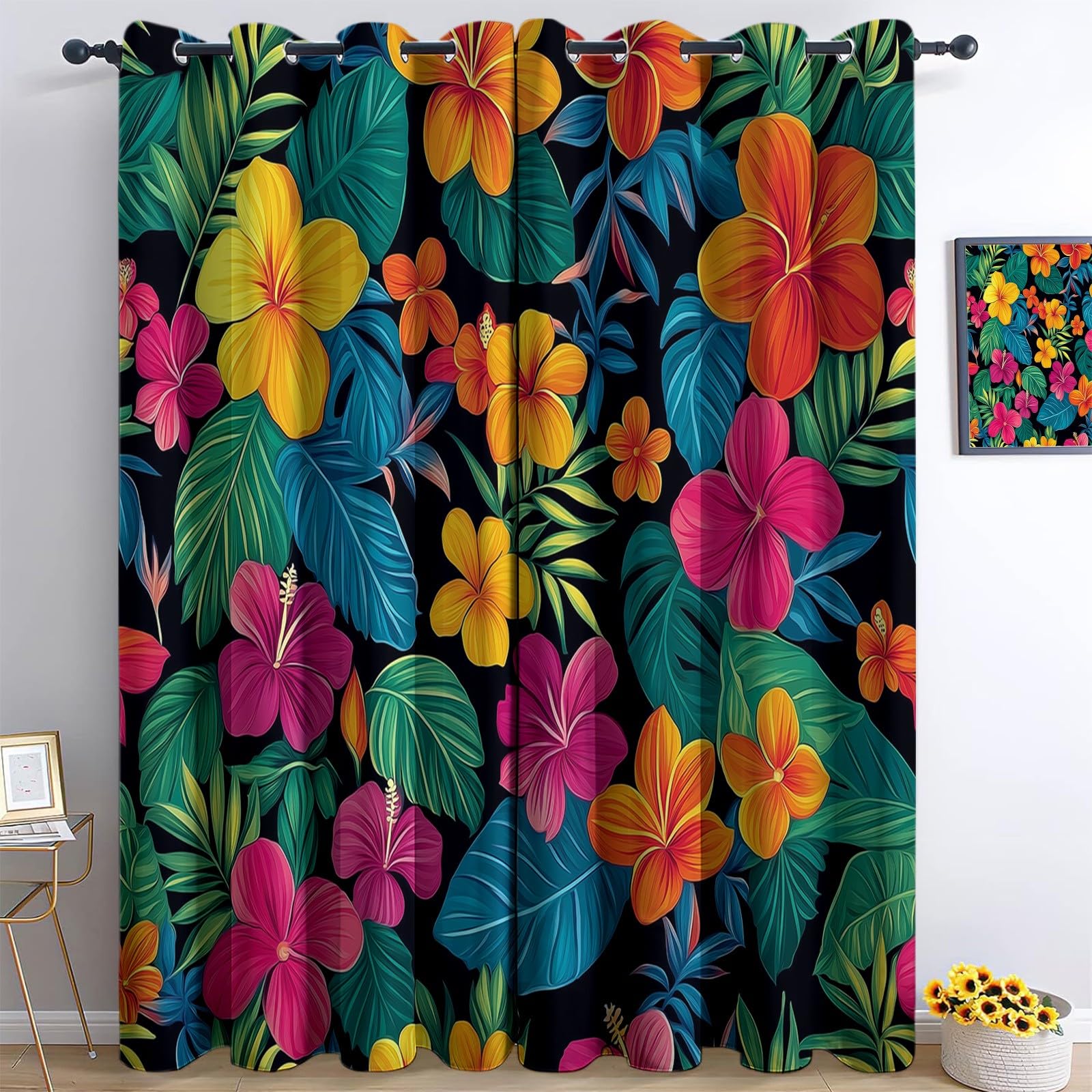 Plant Theme Insulating Dark, Tropical Flowers Pattern Blackout Curtain for Bedroom Living Room Kids Room Ding Room Office, W 66" x L 90" (2 Panels) Window Treatment