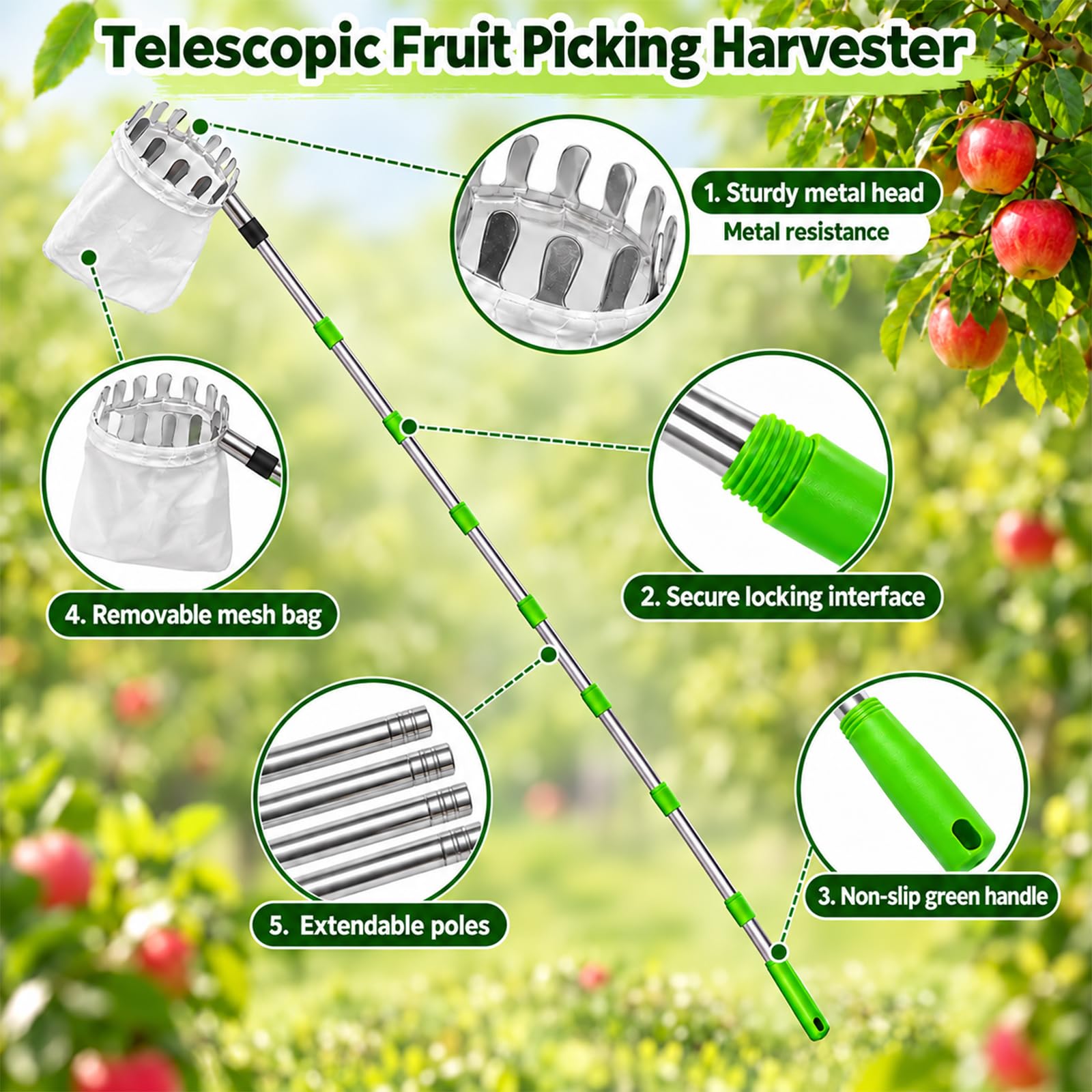 Recogedor de Frutas 4,2M Herramienta de Cosecha para Manzanas, Cerezas