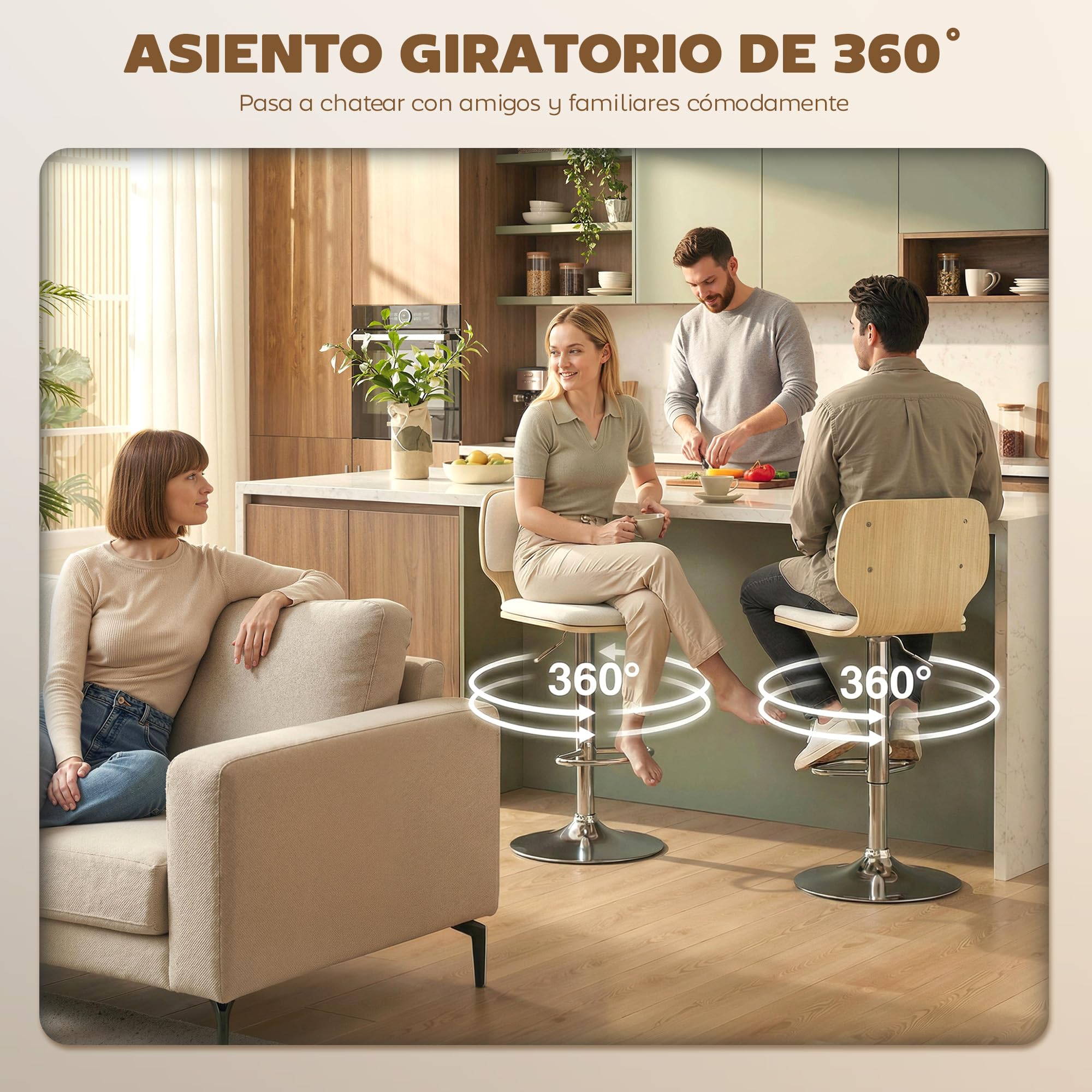HOMCOM Juego de 2 Taburetes Altos de Cocina Giratorios en 360°, Taburetes de Bar Regulables en Altura de 81-102 cm, Tapizados en Lino, Reposapiés, para Comedor, Mostrador, Beige