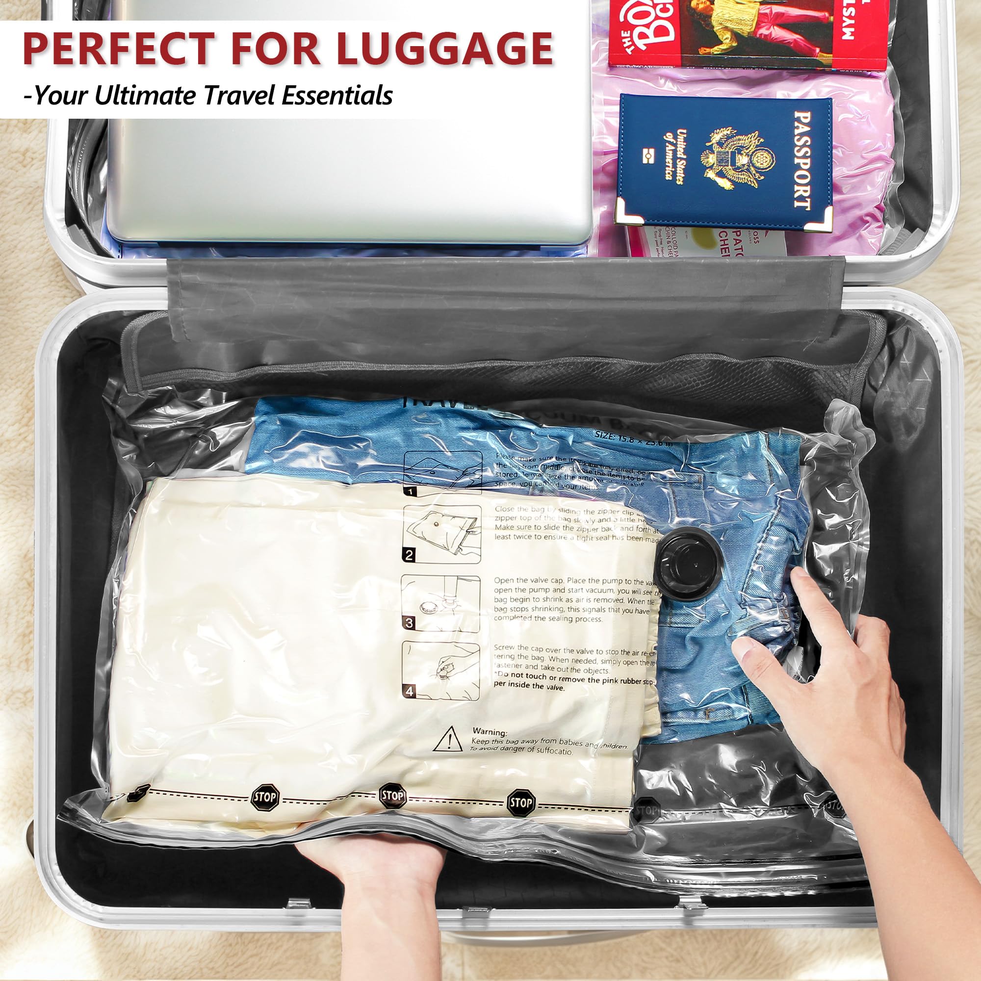 Travel Vacuum Bags for Clothing with Cordless Pump 21 Combo, Clear view 8