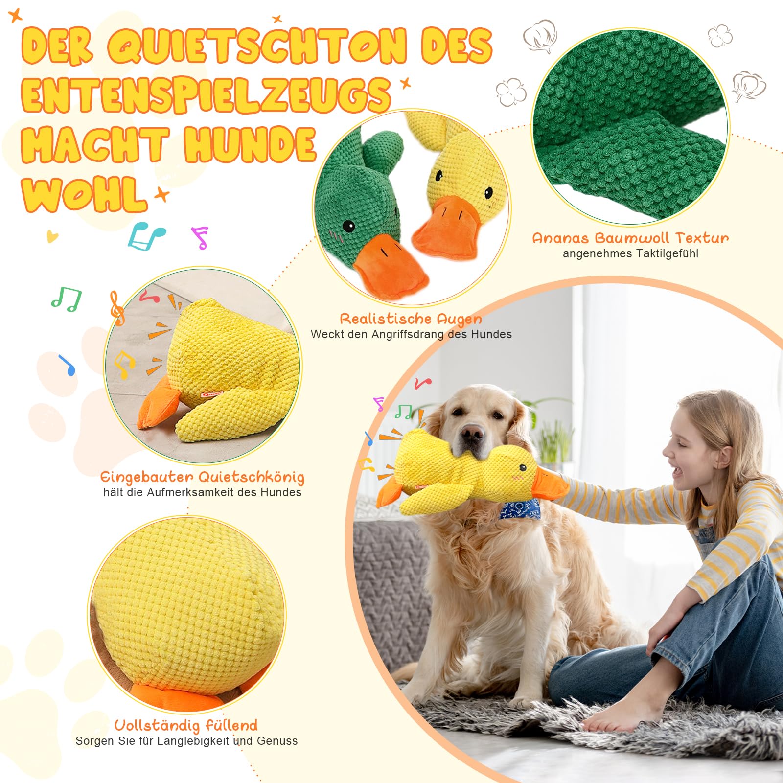 Anti-Stress Quietschentenspielzeug Für Hunde – Plüschiges Zahnreinigungsspielzeug, Interaktiv, Kaugeeignet, Gelb, Für Kleine/mittelgroße Rassen
