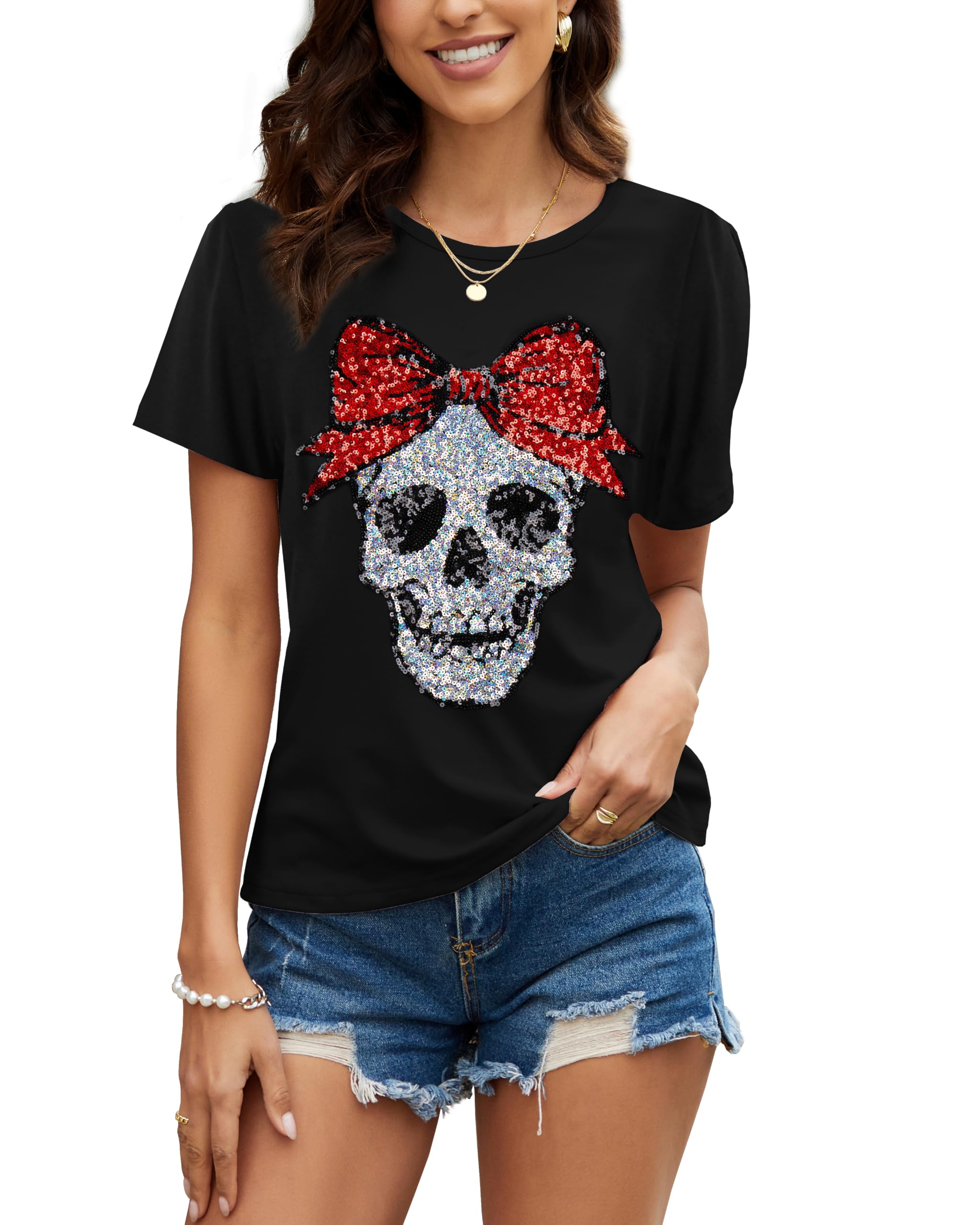 PESION Womens Short Sleeve T-Shirt Sequined Tops O-Neck Funny Graphic Tees Blouse