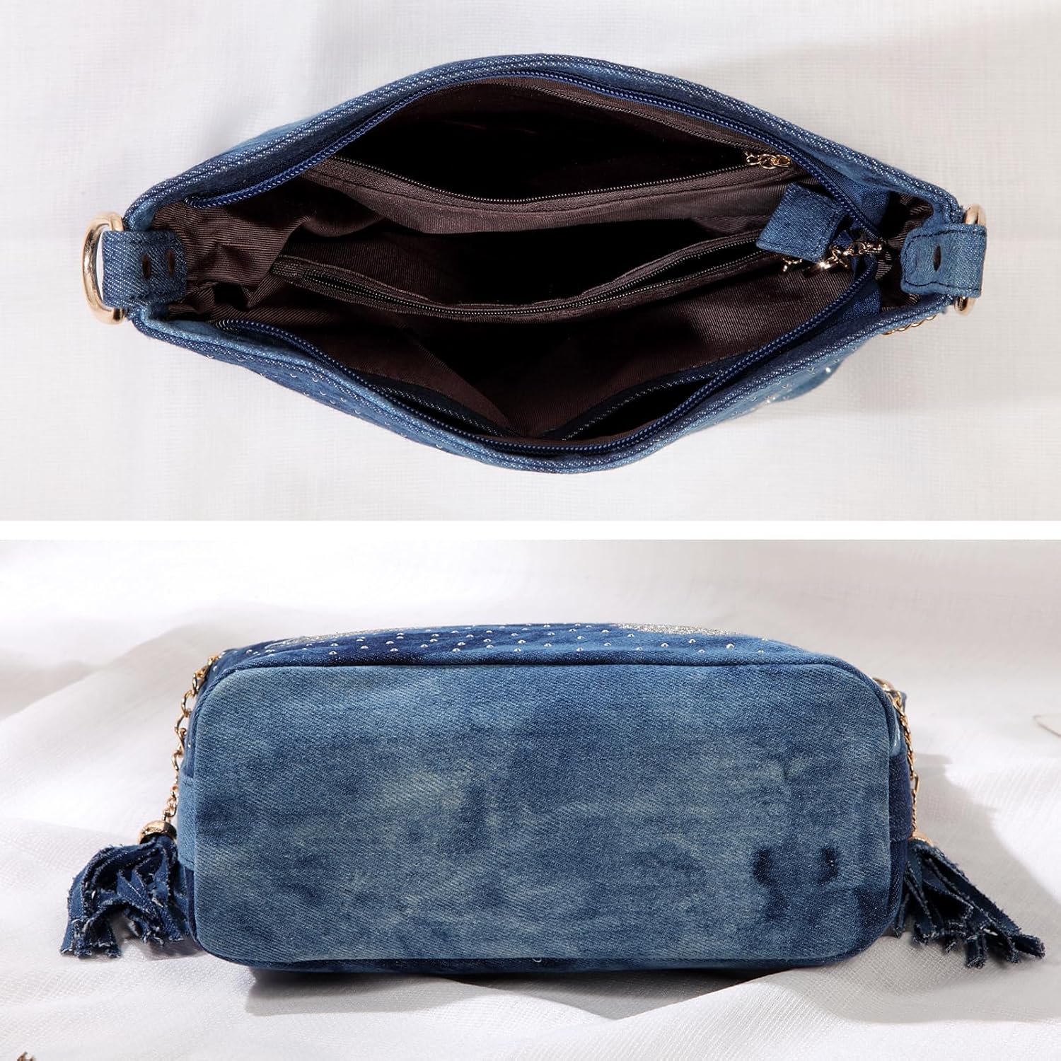 Denim Handbags for Women Top Handle Jean Purses and Handbags Denim Purse with Rhinestones