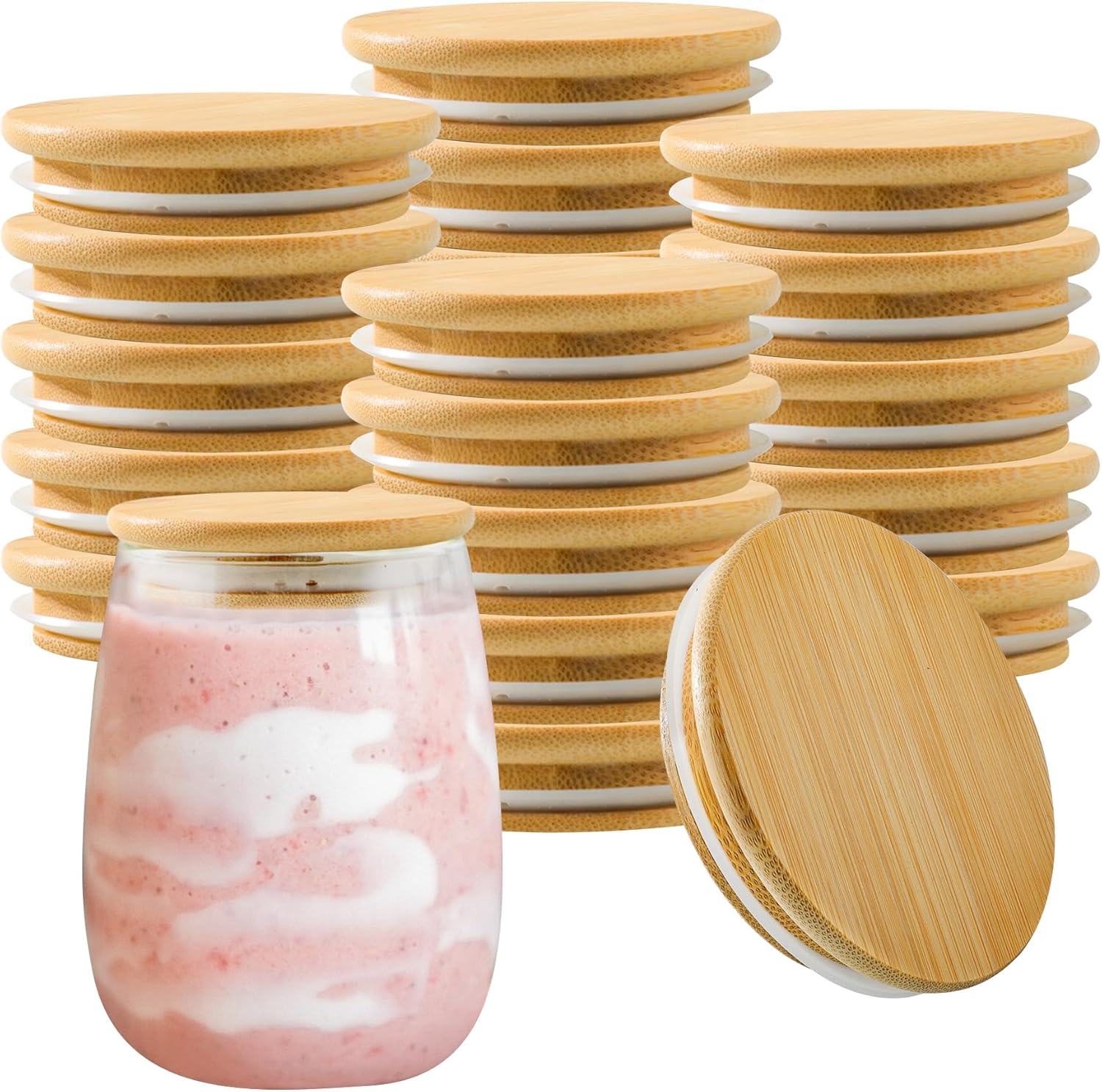 20 Pack Bamboo Yogurt Jars Lids Reusable Wooden Lids for