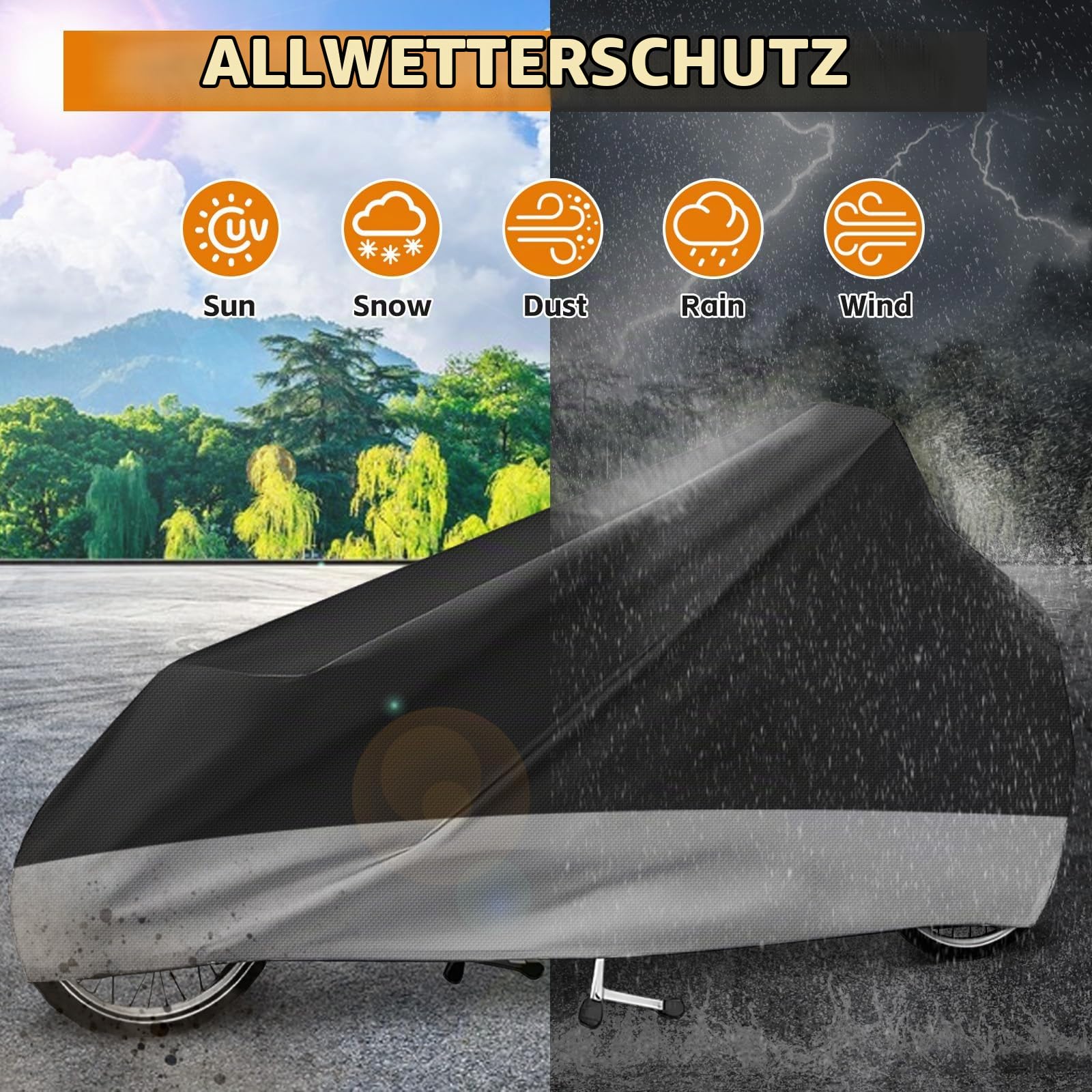 Lastenfahrrad Abdeckung, Cargo Bike Schutzhülle, Fahrradabdeckung wasserdicht aus 420D Oxford-Gewebe für einspurige Lastenräder, Regensichere, UV-beständige und reißfeste, 285x65x115 cm