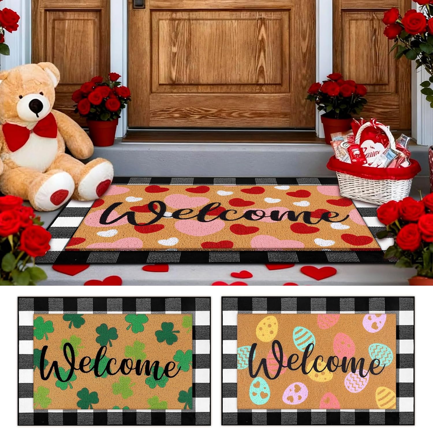 HunnmingRe 4 Pcs Valentine's Day St. Patrick's Day Easter Welcome Door Mats Outdoor Non Slip Buffalo Plaid Floor Rug Shamrock Heart Eggs Imitation Coconut Coir Door Mats for Front Porch Entryway Decor