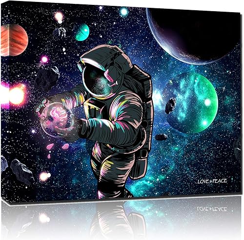 Sosolong Planeta astronauta lienzo arte de pared, espacio exterior decoración de pared para niños dormitorio sala de estar 3