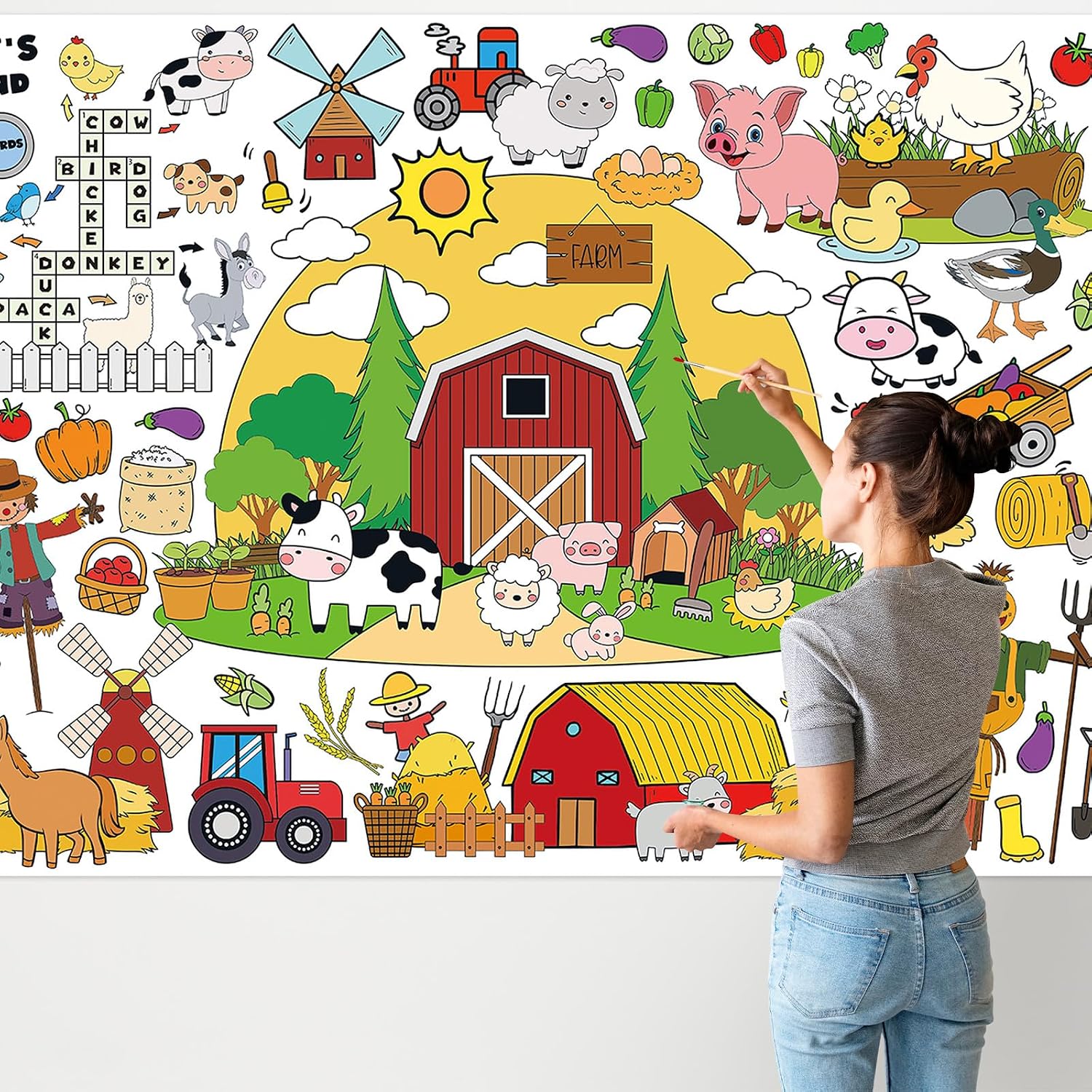 Farm Animal Party Giant Coloring Poster, 43.3X 31.5 Inch Farm Coloring Tablecloth Farm Giant Coloring Poster Art Crafts for Classroom Wall Decor Farm Themed Activities Party Supplies image 4