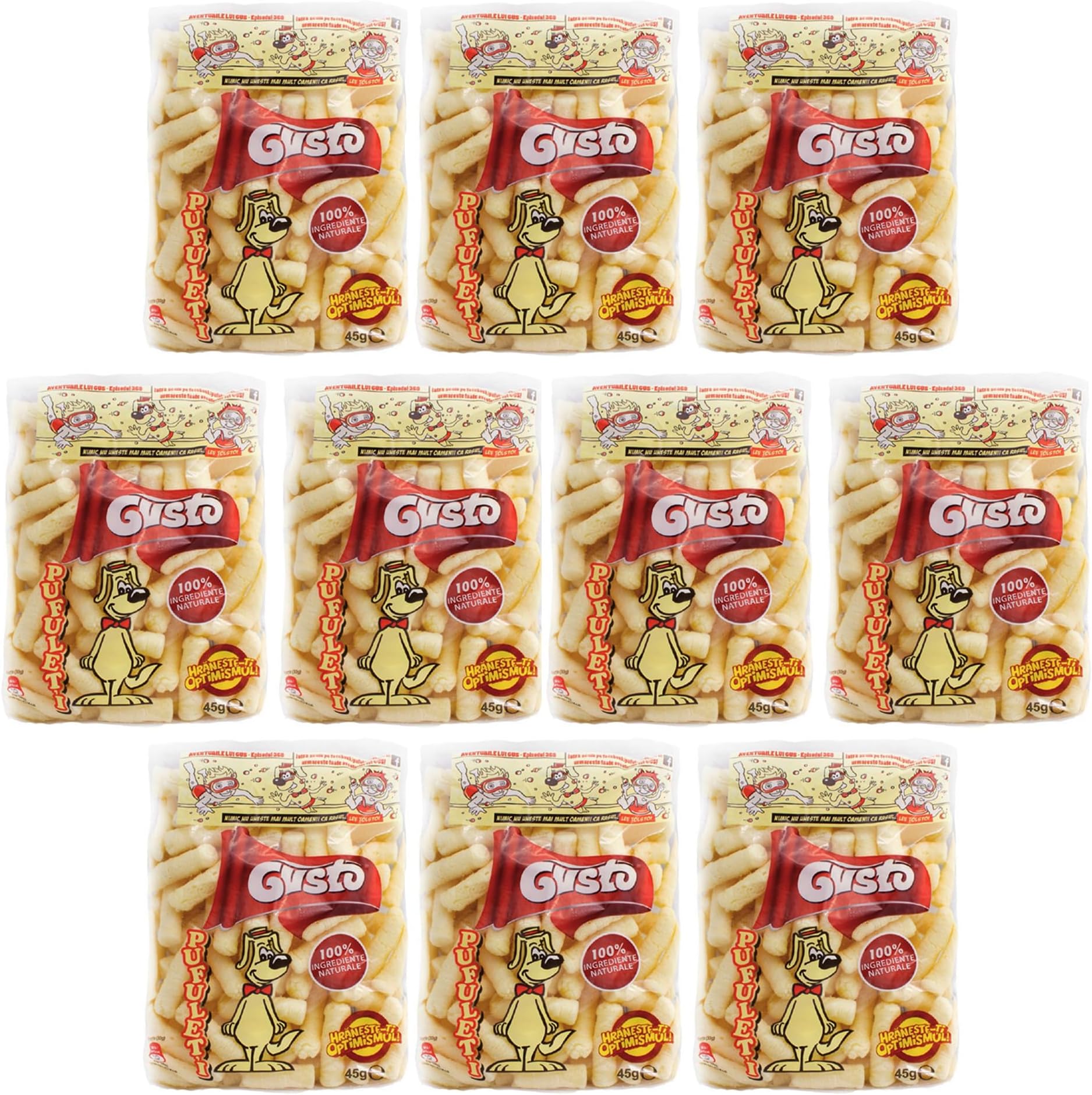 Gusto Pufuleti 45g, Salty Plain Corn Puffs, Romanian Corn Snack, Delicious Salted Corn Flips (Gusto Pufuleti 45g, 10 Pack)