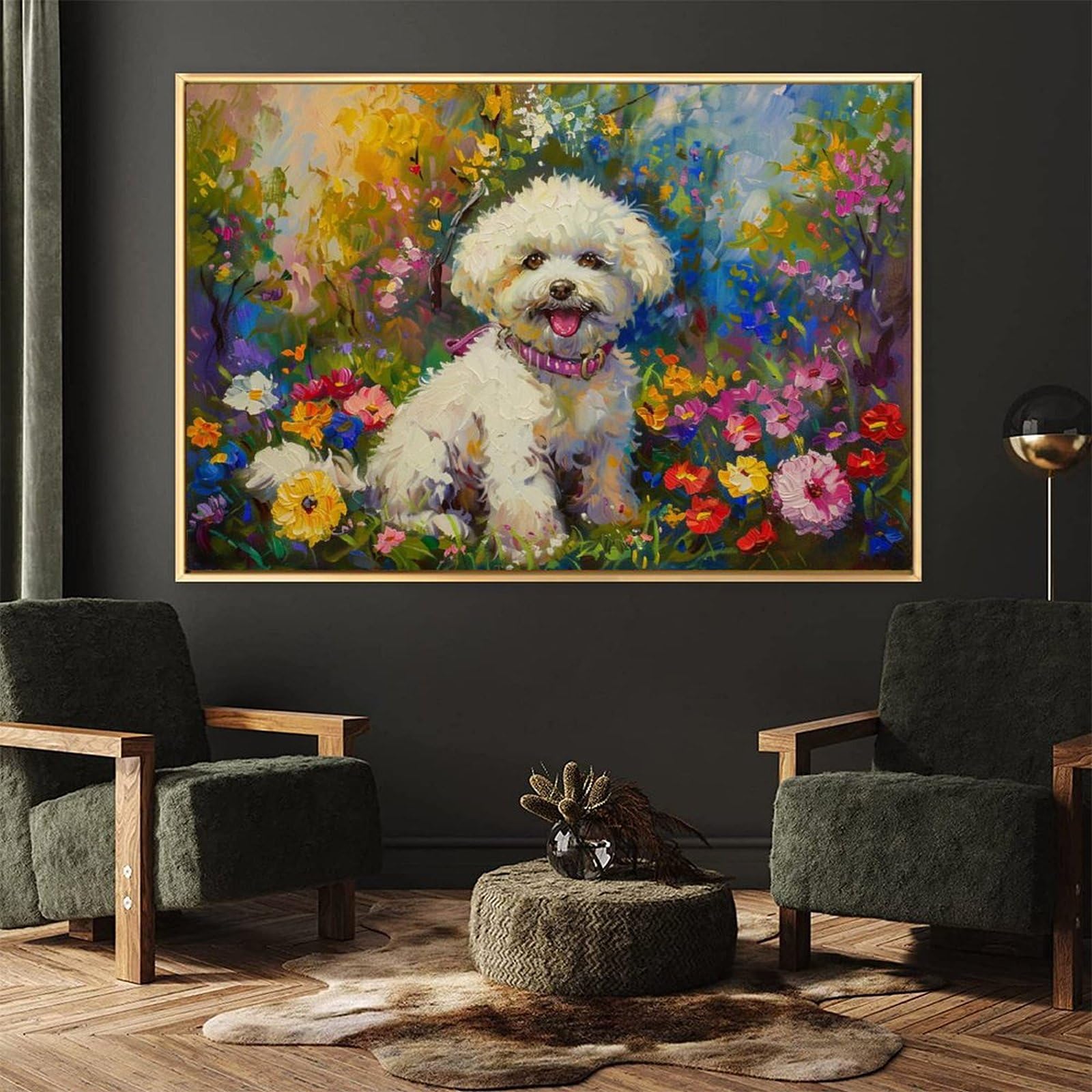 Amazon.co.jp: 絵画 花の中のかわいいビションフリーゼ アートパネル