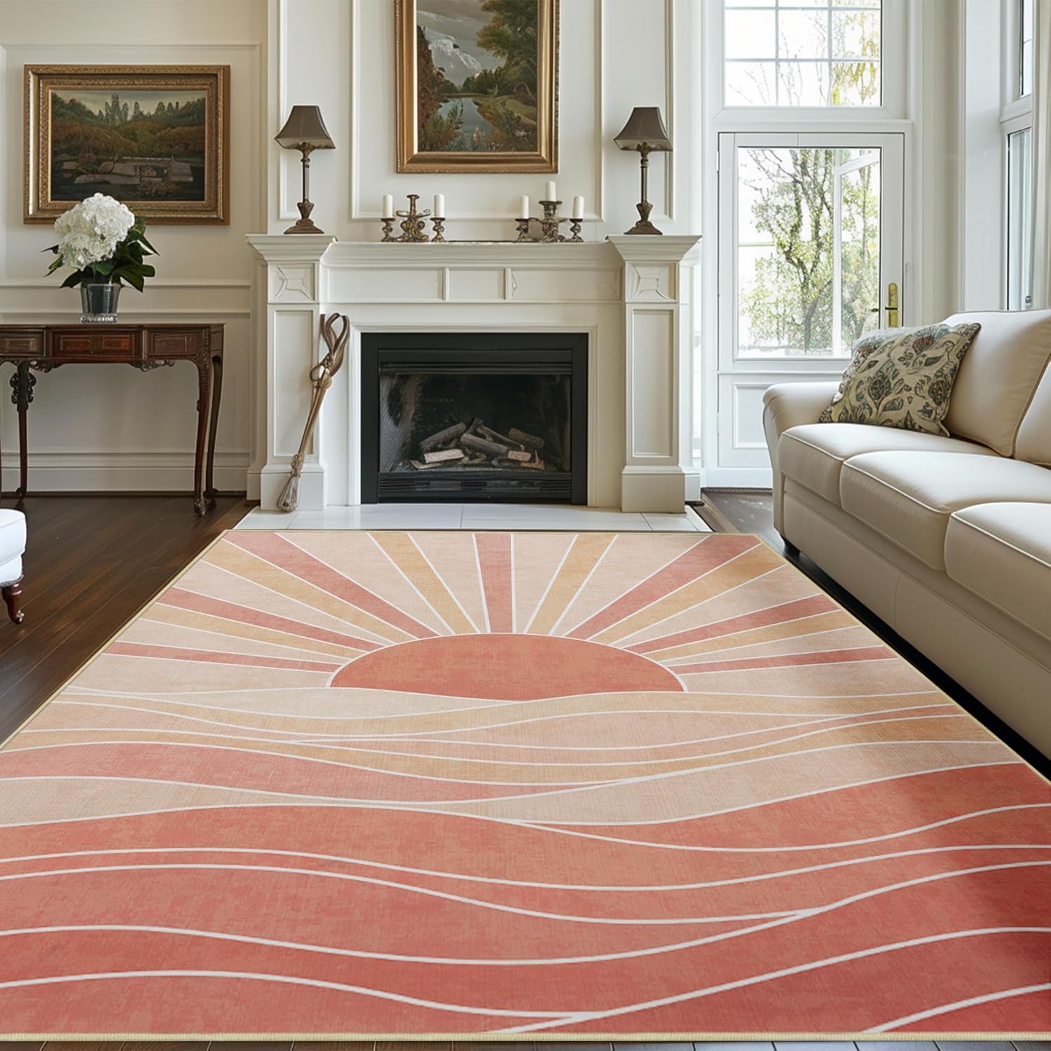 Sun 5x7 Rug for Living Room, Boho Mid Century Modern Rugs Bohemian Celestial Machine Washable Non-Slip Printed Low-Pile Floor Carpet for Bedroom Dining Room Office