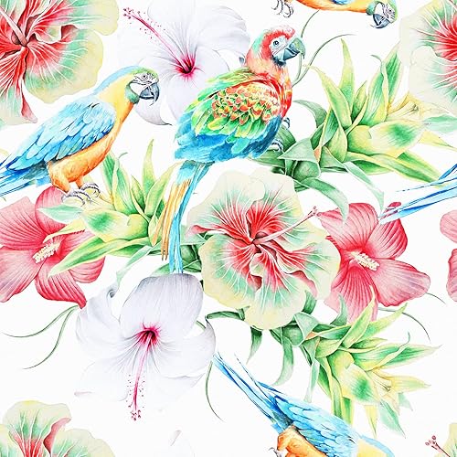 WESTICK Papel tapiz floral vintage, flores de hibisco rojo y pájaro, papel de pared para pegar y pelar, papel de contacto de flores de acuarela para
