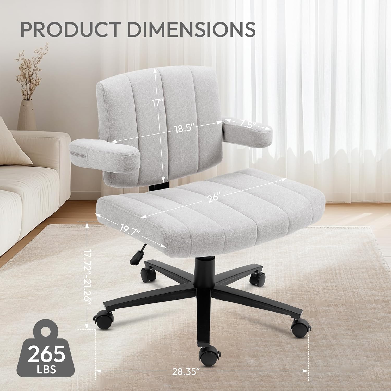 Vigosit Criss Cross Wheeled Chair - Adaptable Comfort for Every Need, High-Backed, with Adjustable Wide Armrests, Anti-Skid Fabric Upholstery, and a Sleek Modern Aesthetic for Home Office Use (Grey)