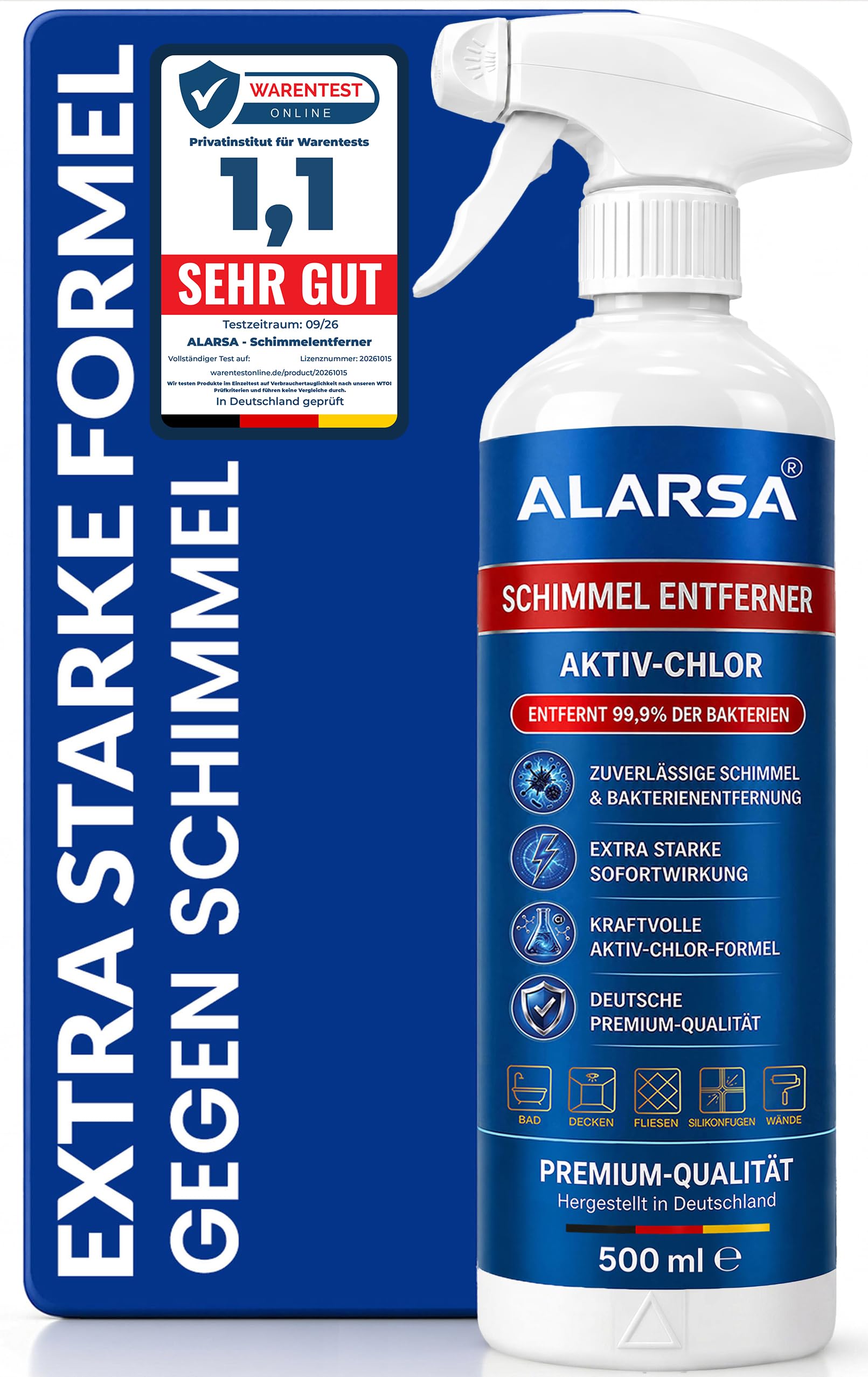 Profi Schimmelentferner Aktiv-Chlor Extra Starkes Anti Schimmelspray mit Sofortwirkung Entfernt Schwarzschimmel Stockflecken Hocheffektiv mit Hafteffekt Für Bad Wand Fliesen Fugen Silikon Decken u.v.m
