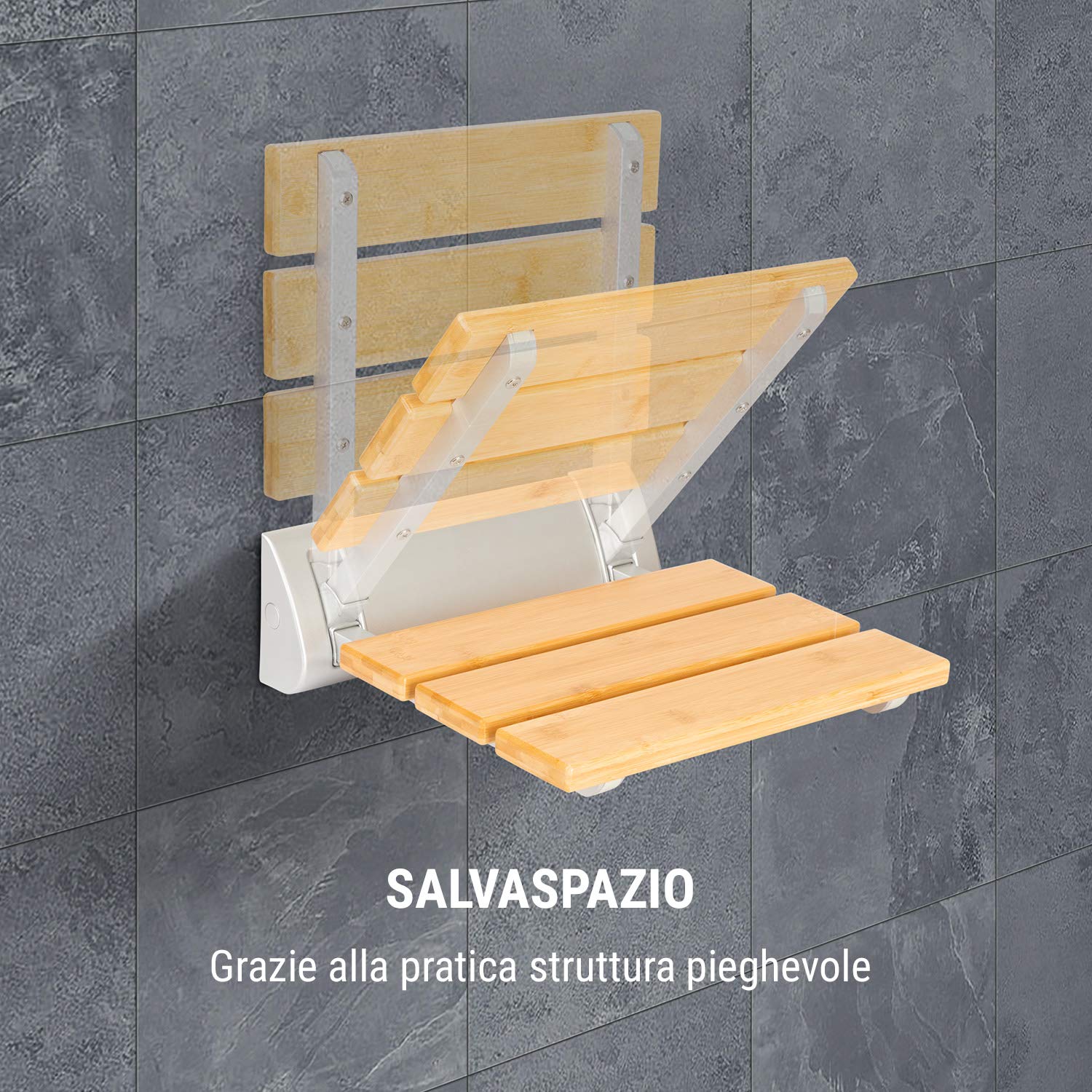 Oneconcept Arielle - Sedile da Doccia Pieghevole, Superficie in Bambù, Gancio in Alluminio, Peso max.: 160 kg, incl. Materiale di Montaggio, Stile: Classic, Legno