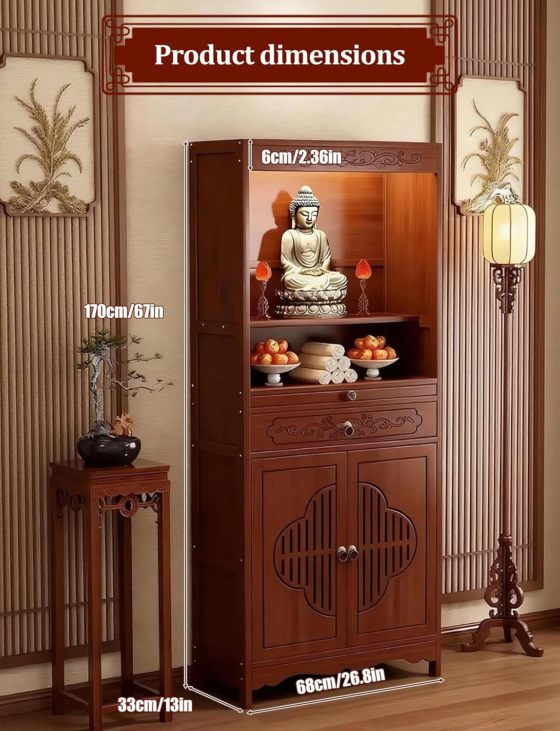 Buddhist Altar Table,Bamboo Altar Cabinet with Drawers & Storage, Personal Shrine Altar Table, Pooja Cabinet for Home Worship, Meditation Room Decor, Pooja Mandir (26.8×13×67in)