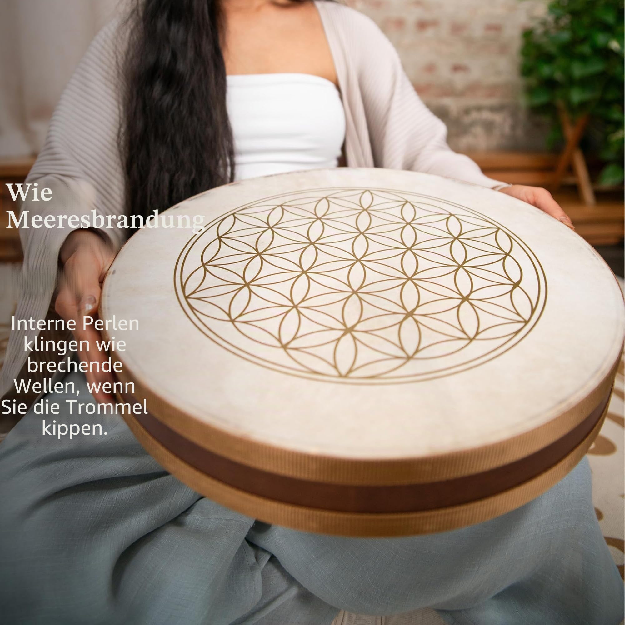 Sonic Energy 16 Zoll Wellen Trommel – Ziegenfell, Flower of Life – Glas-Amaranth-Kugeln – Sanfter Klang – Für Meditation, Klangbad, Percussion (WD16FOL)