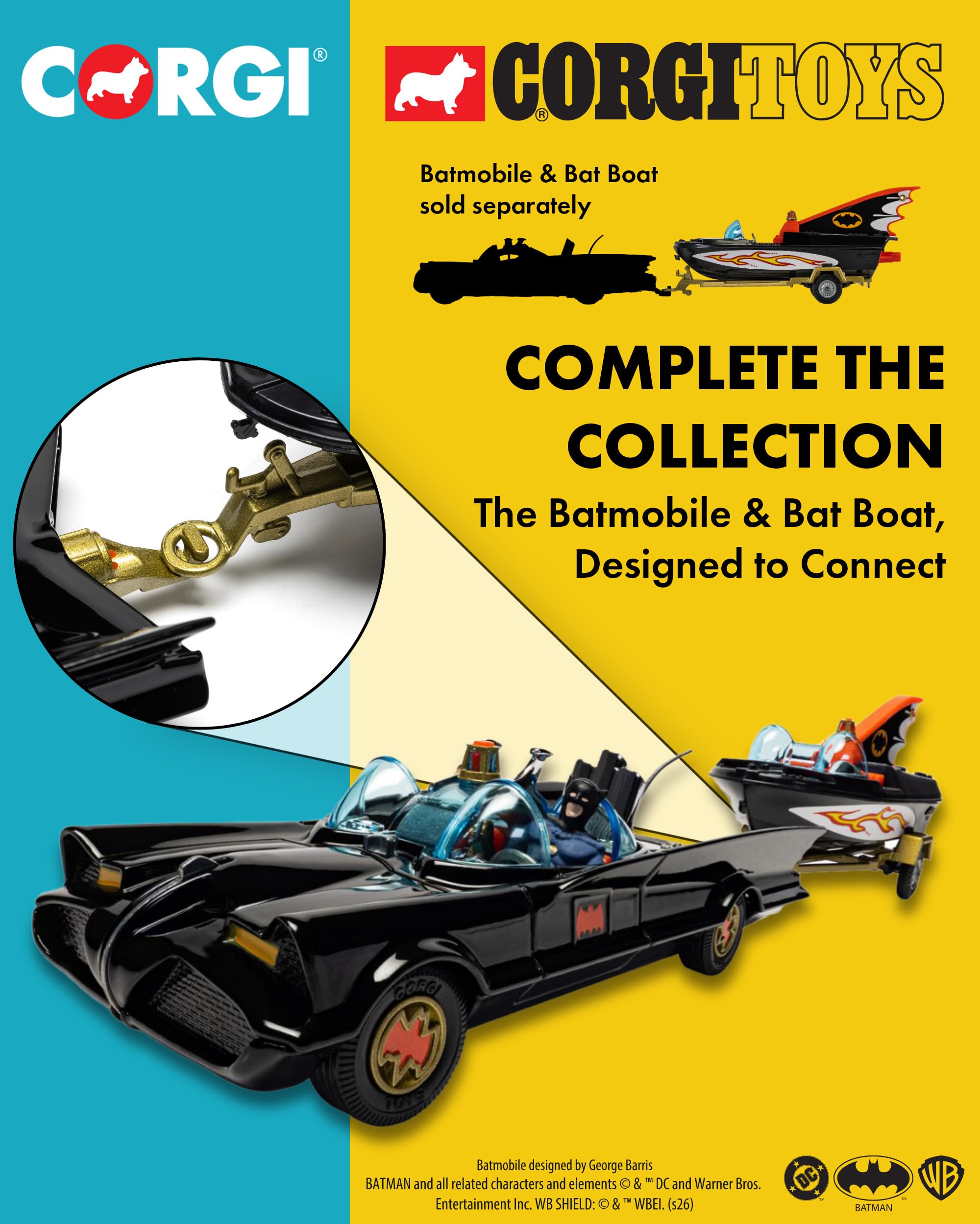 Corgi Toys CD54321062 107 Bateau Chauve-Souris avec Figurines Batman & Robin et couplage spécial remorque moulée pour Batmobile RT26701 Échelle 1:46 Cadeau Souvenir pour Homme ou Femme