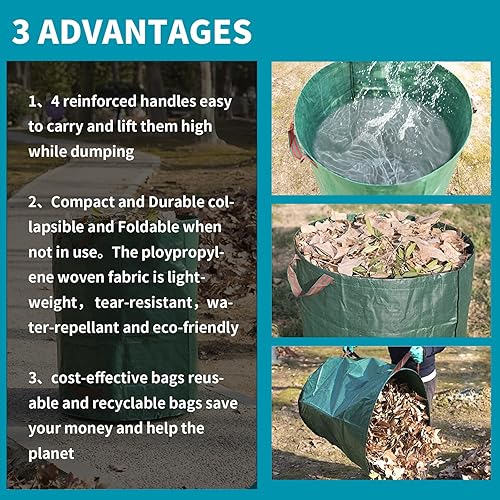Miniatura 2 de Bolsas de basura reutilizables para jardín, paquete de 3 bolsas de basura de 32 galones con 4 asas reforzadas, bolsas de basura plegables grandes