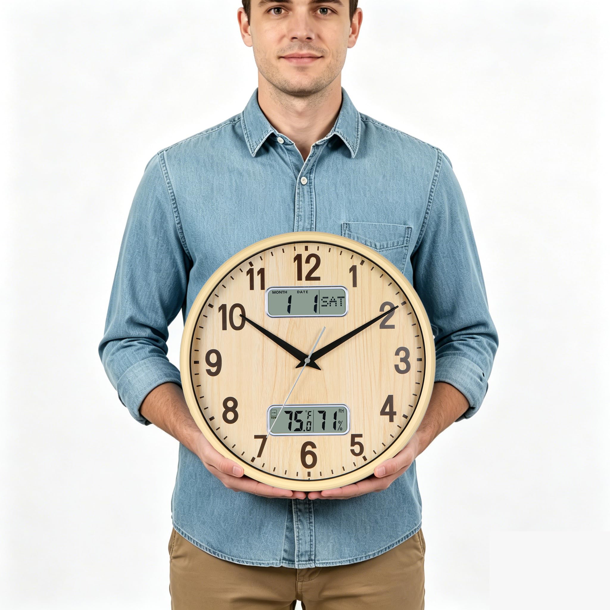 Nbdeal Orologio da parete analogico silenzioso da 13 pollici con calendario temperatura e umidità (naturale) FX-6947