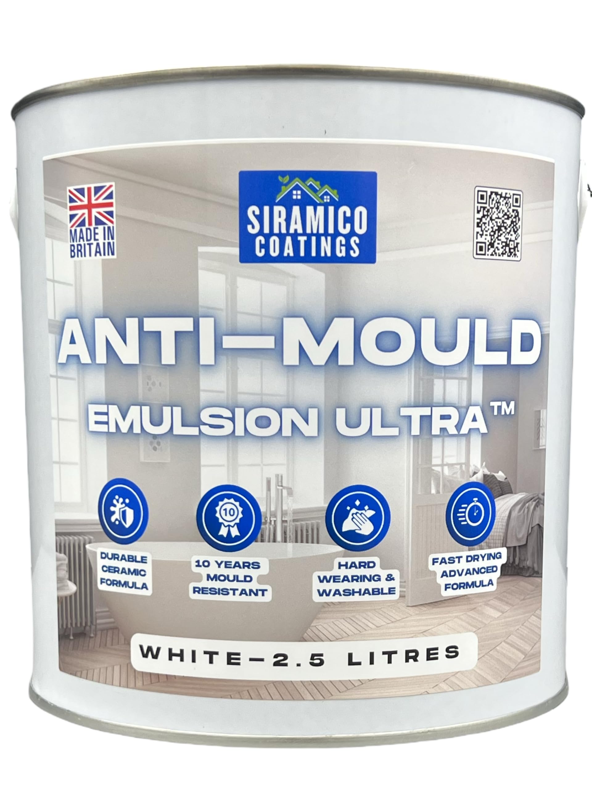SIRAMICO COATINGS I Anti Mould Paint Ultra I 2.5 Litres I Brilliant White Matt Finish I 10 Year Anti Mould Protection Emulsion Paint For Bathrooms, Kitchens, Walls and Ceilings