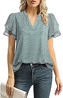 Lotusmile Women's V Neck Chiffon Blouse Puff Petal Short Sleeve Tops Casual Work Summer Shirts