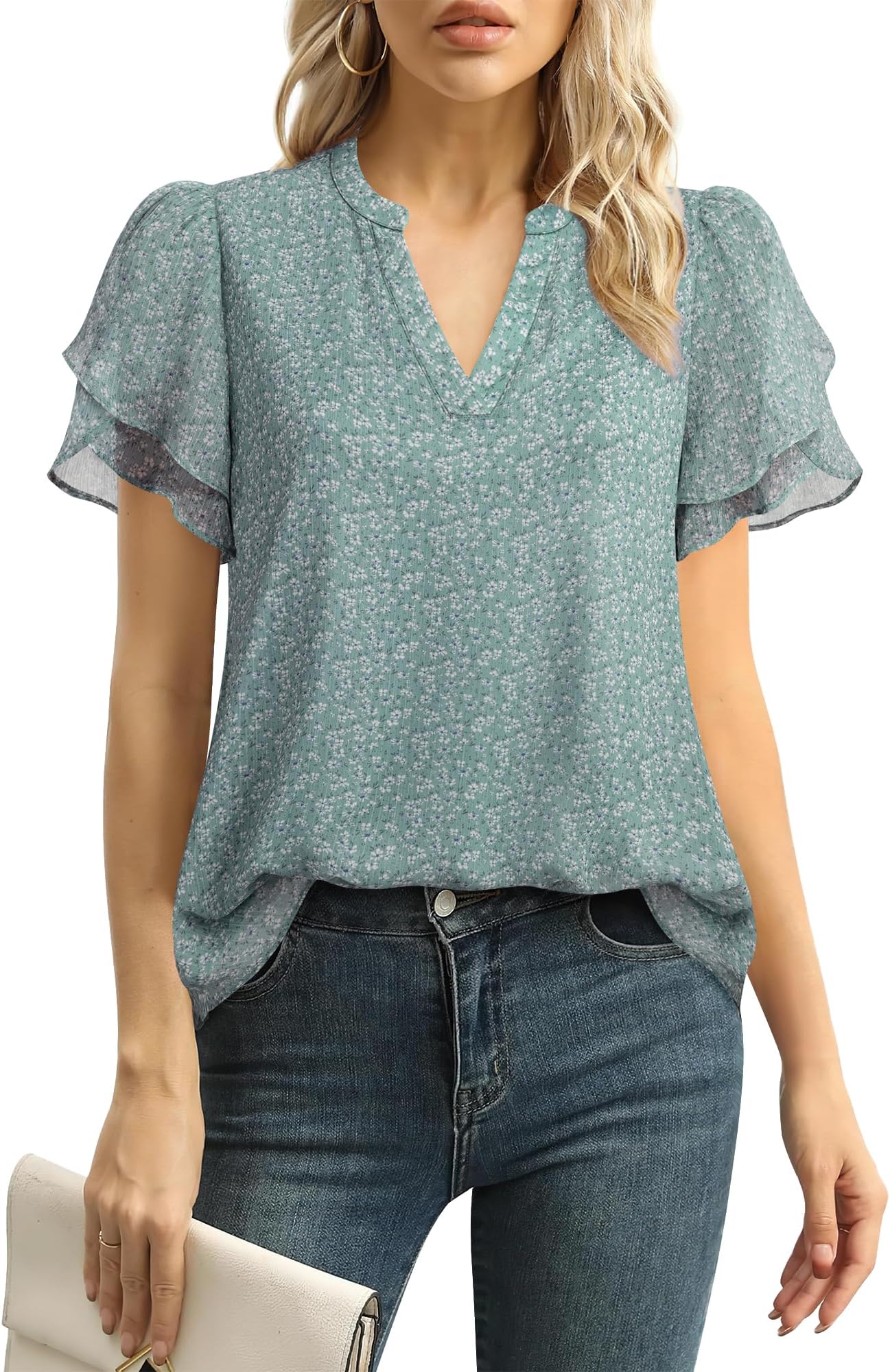 Womens Dressy Chiffon Blouses Summer Puff Petal Short Sleeve Shirts V Neck Casual Work Tops