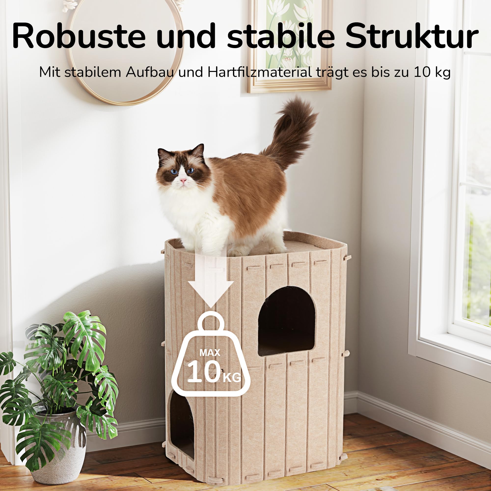 FUKUMARU Katzenhöhle,Stabile Katzenhöhle aus hochwertigem Filz，Katzenhaus Indoor 3 Schicht Katzenbett ，Katzen Höhle zum Schlafen, Spielen und Verstecken，Filzhöhle beige，45 x 37 x 60cm，Groß