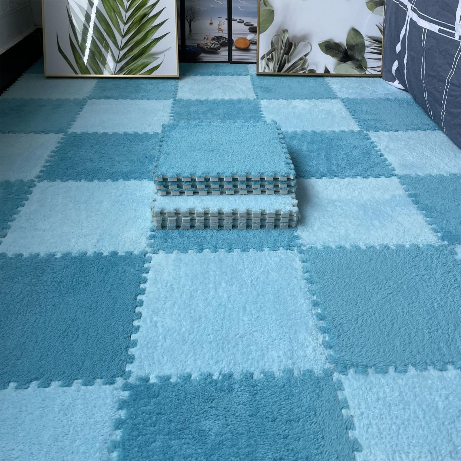 tappetini in schiuma, Confezione da 45 tappetini in schiuma EVA ad incastro 12x12x0,4 pollici Multicolori(Deep Blue+light Blue)