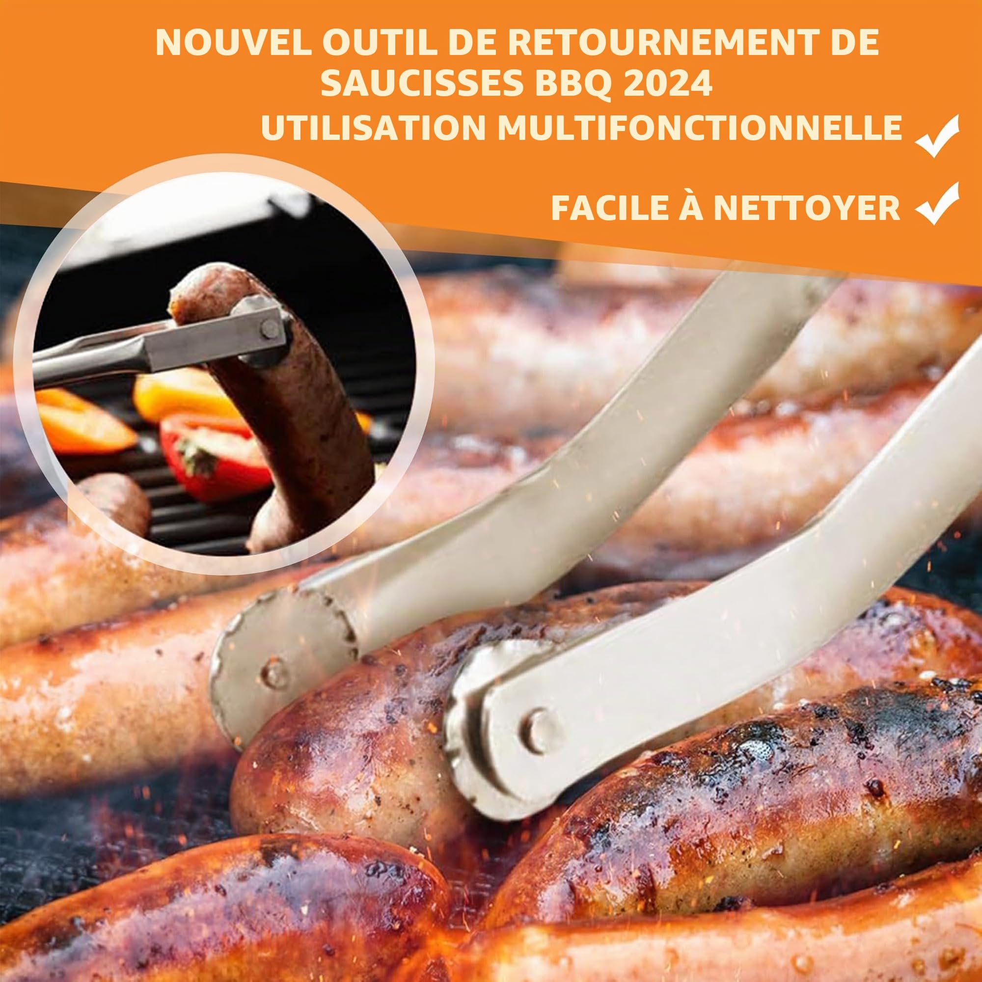 Hysenm Lot de 2 pinces à saucisses BBQ en acier inoxydable à long manche pour griller et retourner