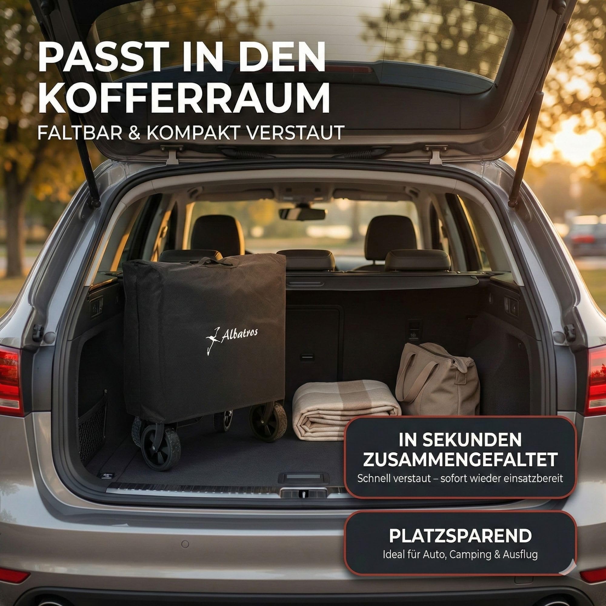 ALBATROS Bollerwagen klappbar 120L – Faltbarer Transportwagen mit Flaschenöffner, Getränkehalter & Rückwand-Öffnung – Outdoor Handwagen mit Reflektorstreifen für Camping, Festival & Ausflug