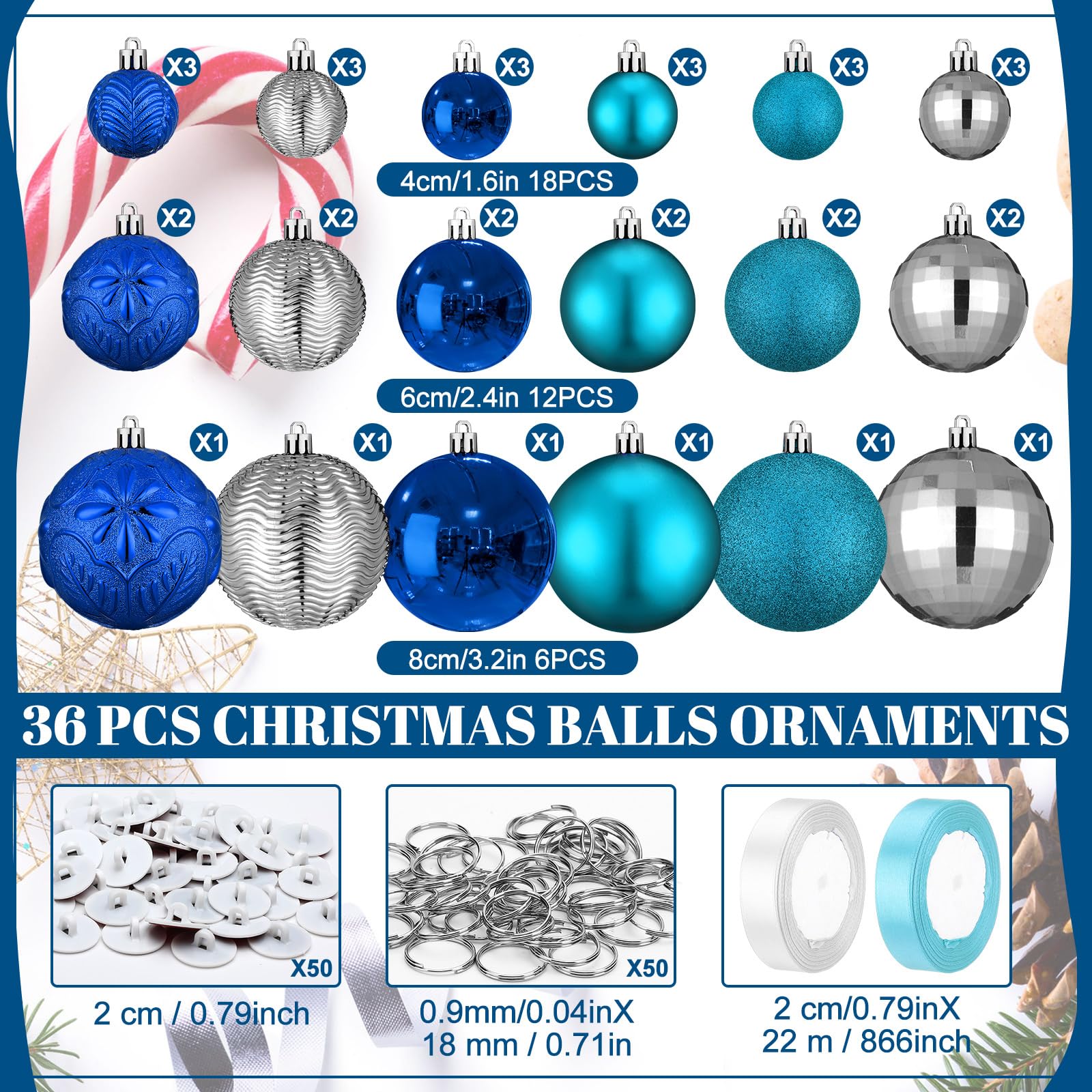 Lot de 36 boules de Noël incassables à suspendre pour sapin de Noël, décorations d'intérieur (bleu lac, bleu marine, argent)