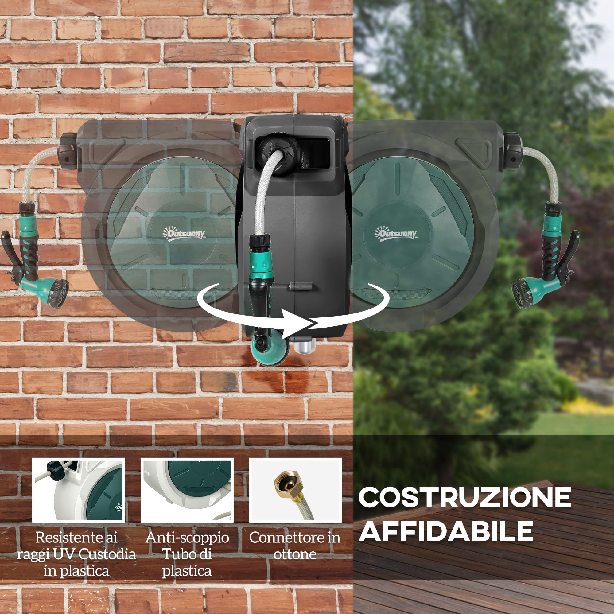 Outsunny Avvolgitubo da Giardino Retrattile con Tubo dell'Acqua 30+2 m, Avvolgitubo da Parete & da Manico, Girevole a 180°, con Blocco e 7 Modalità di Spruzzo per Irrigazione in PP, Nero