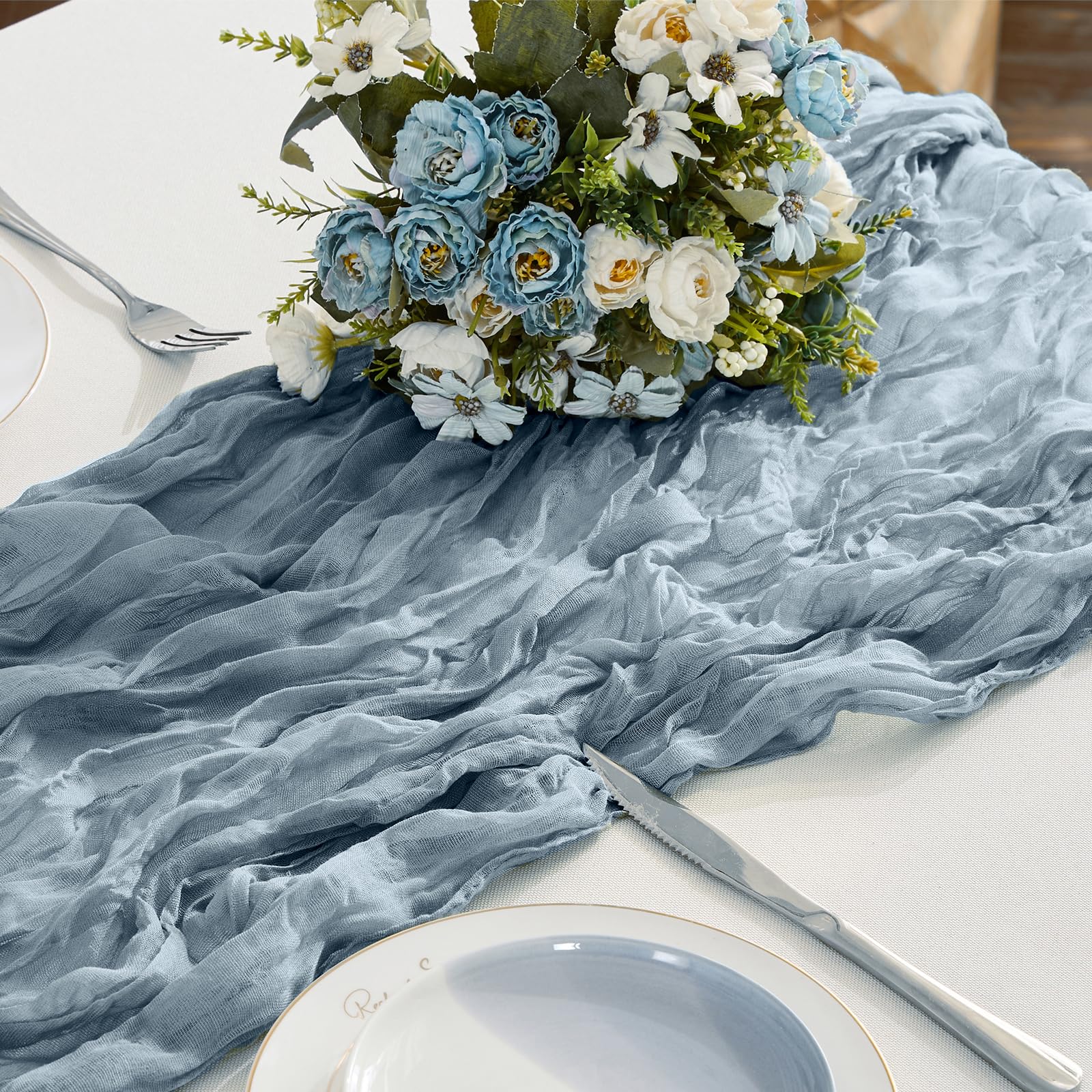BALCONY & FALCON Cheesecloth Table Runner – Dusty Blue Sheer 10ft (120 x 35 inch) Rustic Boho Gauze Cheese Cloth Table Runner & Chair Sash for Wedding, Christmas, Baby Shower & Party Decor
