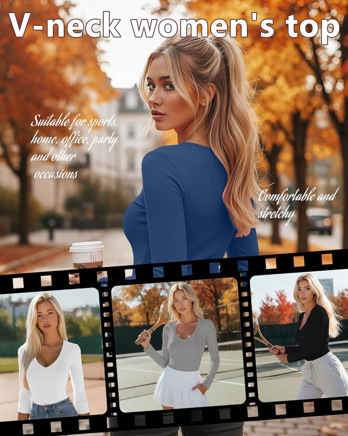 5 Pack Women's Long Sleeve V Neck Undershirts Slim Fit Basic Tee Shirts Ladies Stretchy Tight Layering Underscrubs - Image 2