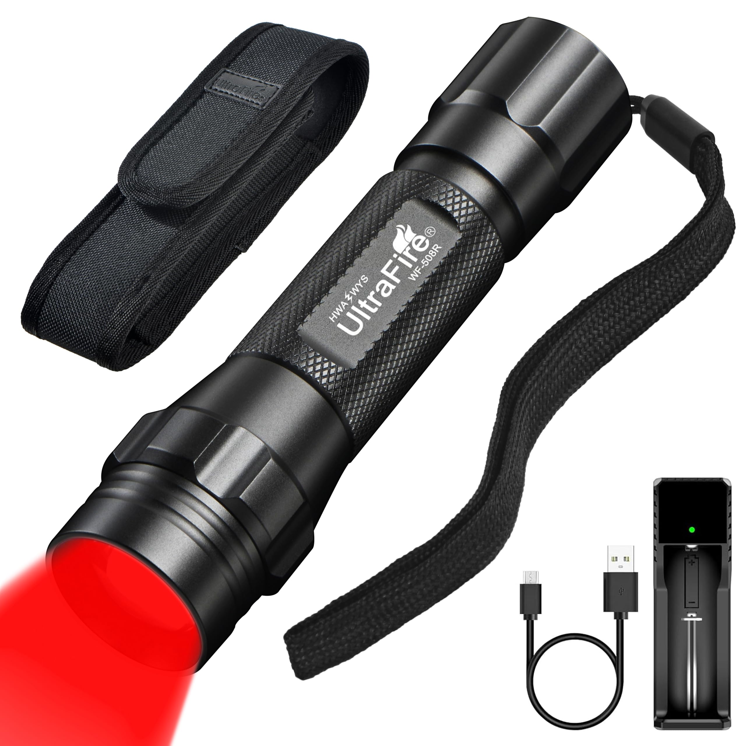 Ultrafire Black Red Light Led Torch 620-630Nm Zoomable Red Hunting Torch With Holster, Single Mode Small Red Hunting Light For Night Vision, Fishing, Astrophotography, Wf-508R