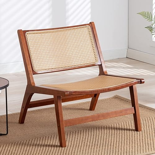 Homtique Silla decorativa moderna de mediados de siglo con cojín de lana silla decorativa de mimbre con caña de cuero tejido silla lateral de ratán