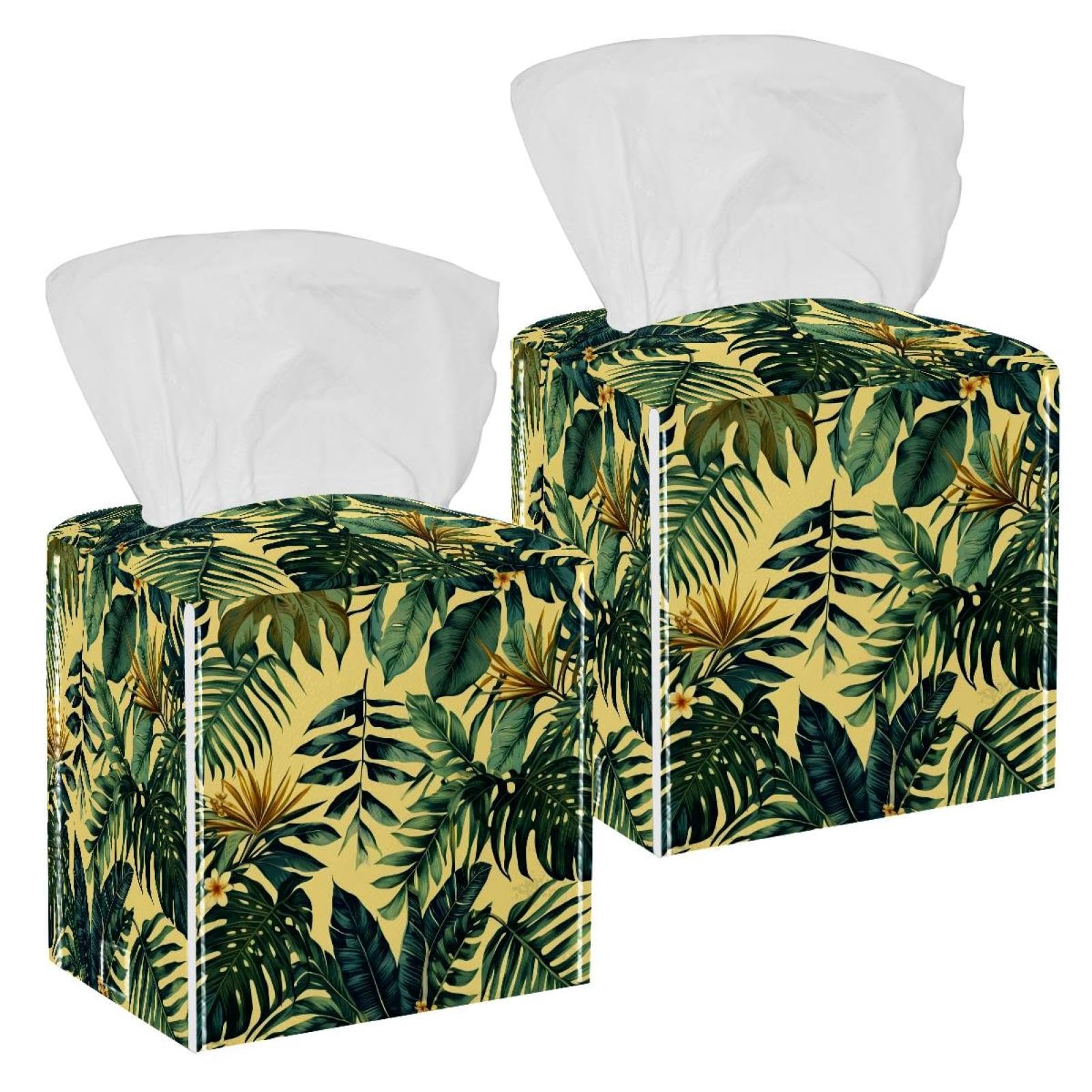 Tropical Palm Tissue Box Cover, 2 Pack PU Leather Square Facial Tissue Dispenser Box holder for Home Office Car