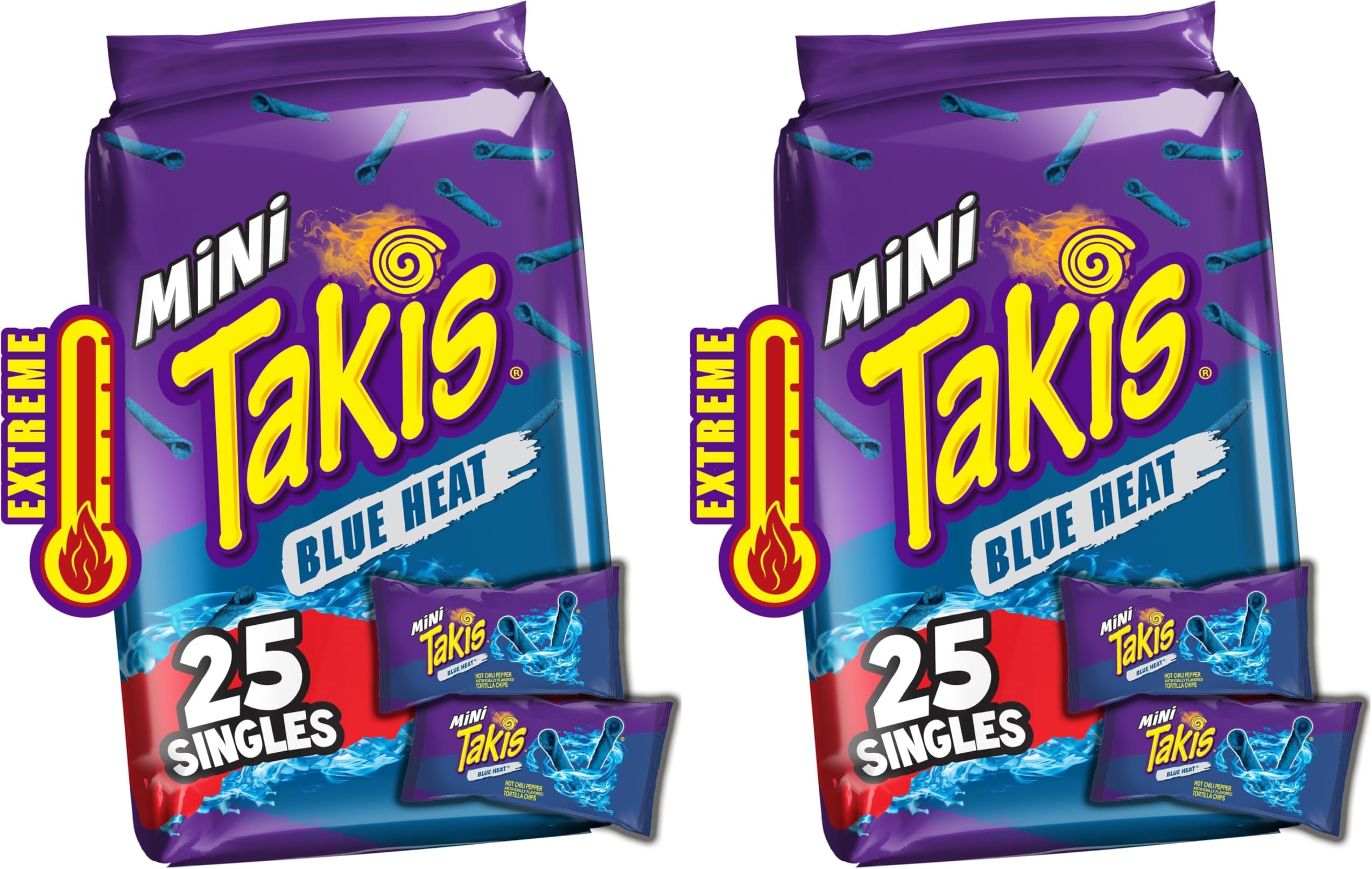 Takis Blue Heat Mini 25 pc / 1.23 oz Bite Size Multipack, Hot Chili Pepper Flavored Extreme Spicy Rolled Tortilla Chips (Pack of 2)