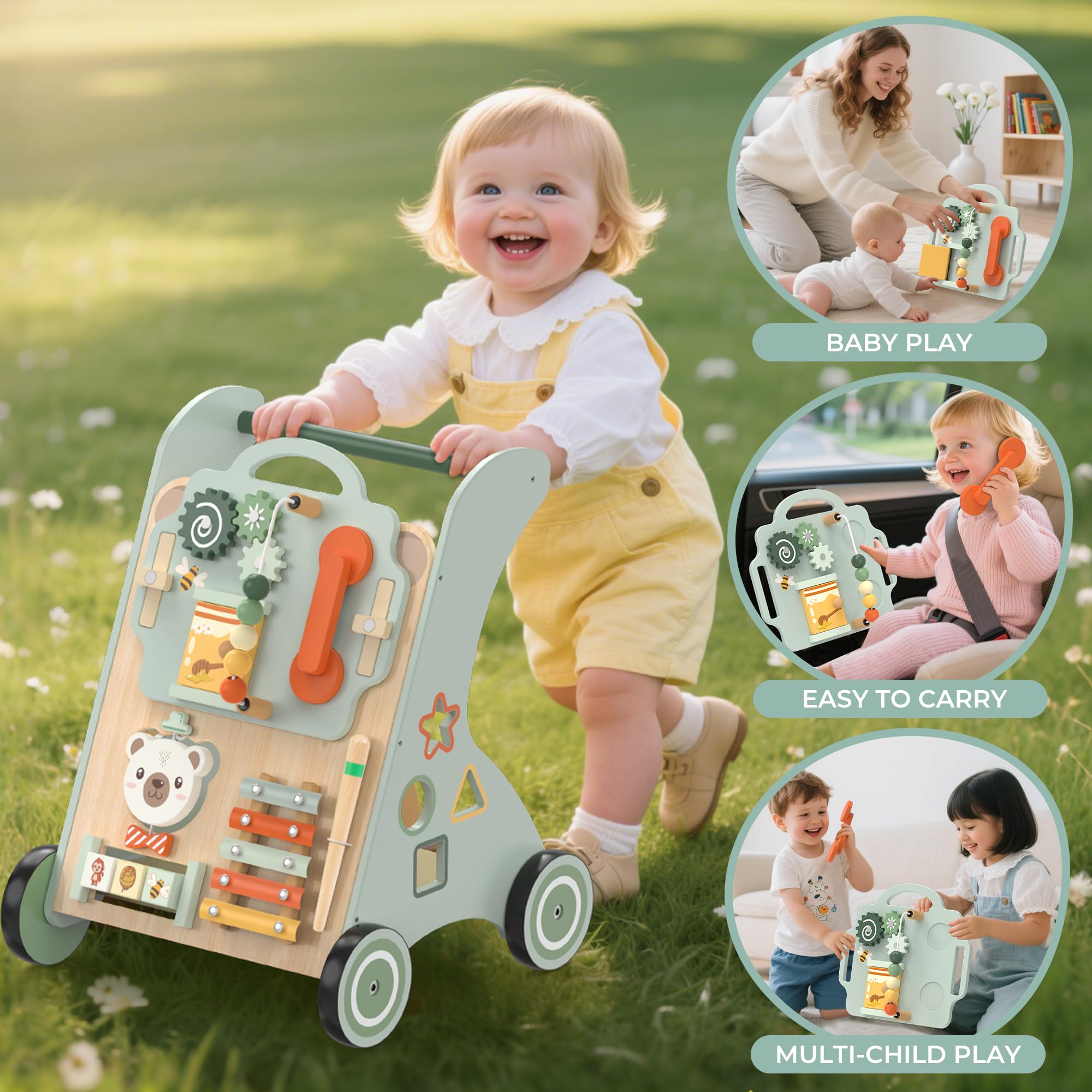 WOODMAM Montessori zabawka do nauki chodzenia z drewna, pomoc w nauce chodzenia od 12+ miesięcy, zabawka wielofunkcyjna, dla małych dzieci od 1 roku życia, prezent dla chłopców i dziewczynek