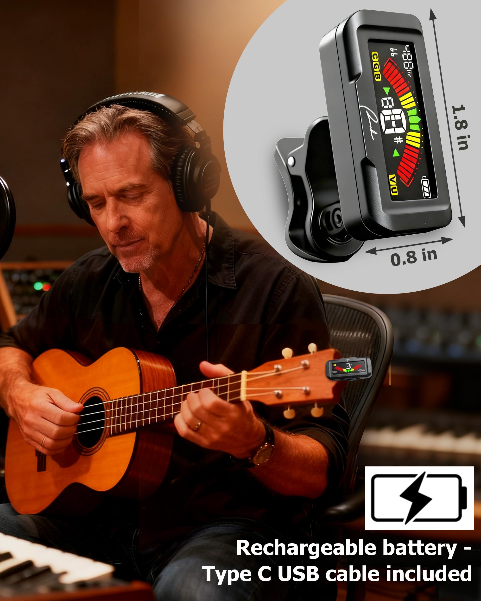 Ranch Accordatore ricaricabile per chitarra, accordatore a clip per chitarra acustica/elettrica, ukulele, violino, basso, con modalità di sintonizzazione cromatica