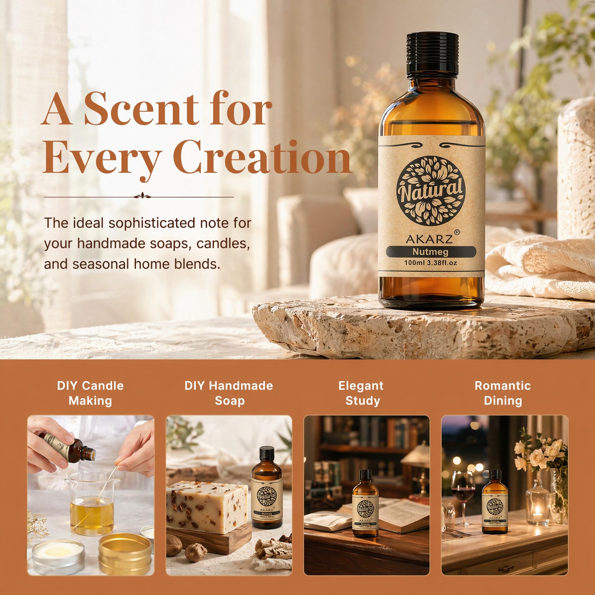 AKARZ 100ml Olejek esencjny z Gałki Muszkatołowej - Naturalny olejek aromatyczny do dyfuzorów, lamp aromatycznych i aromatów pomieszczeń